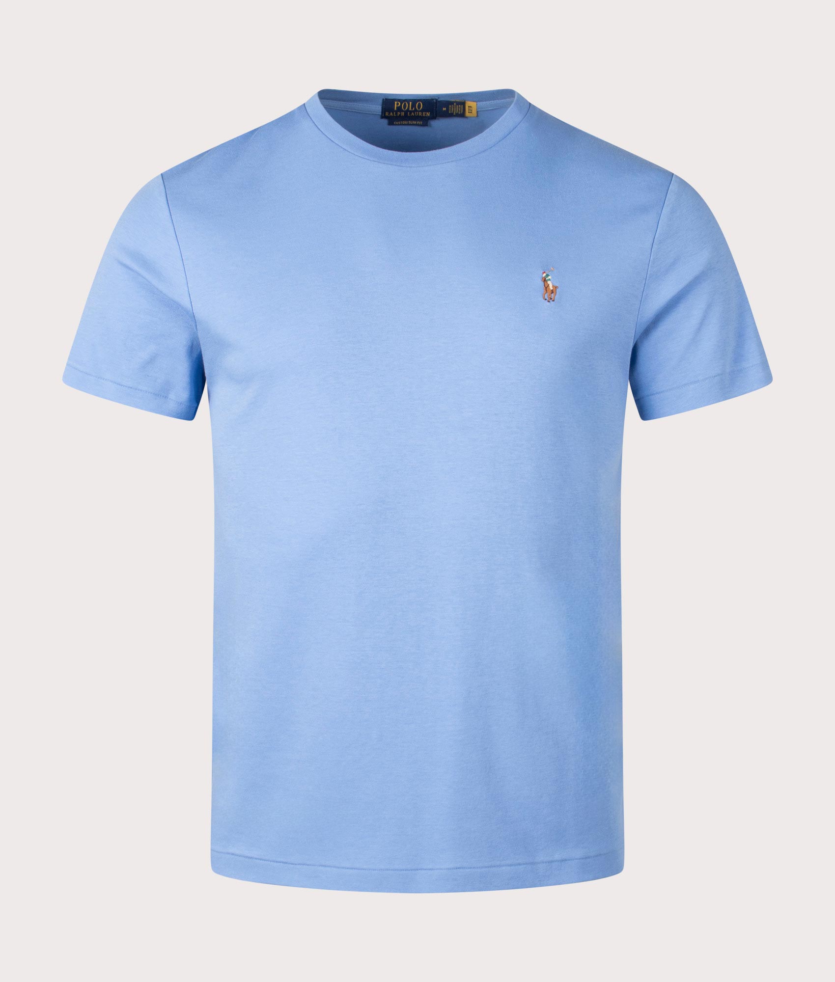 Polo Ralph Lauren Custom Slim Fit Pima T-Shirt in Sky Blue at EQVVS Menswear. Front shot.