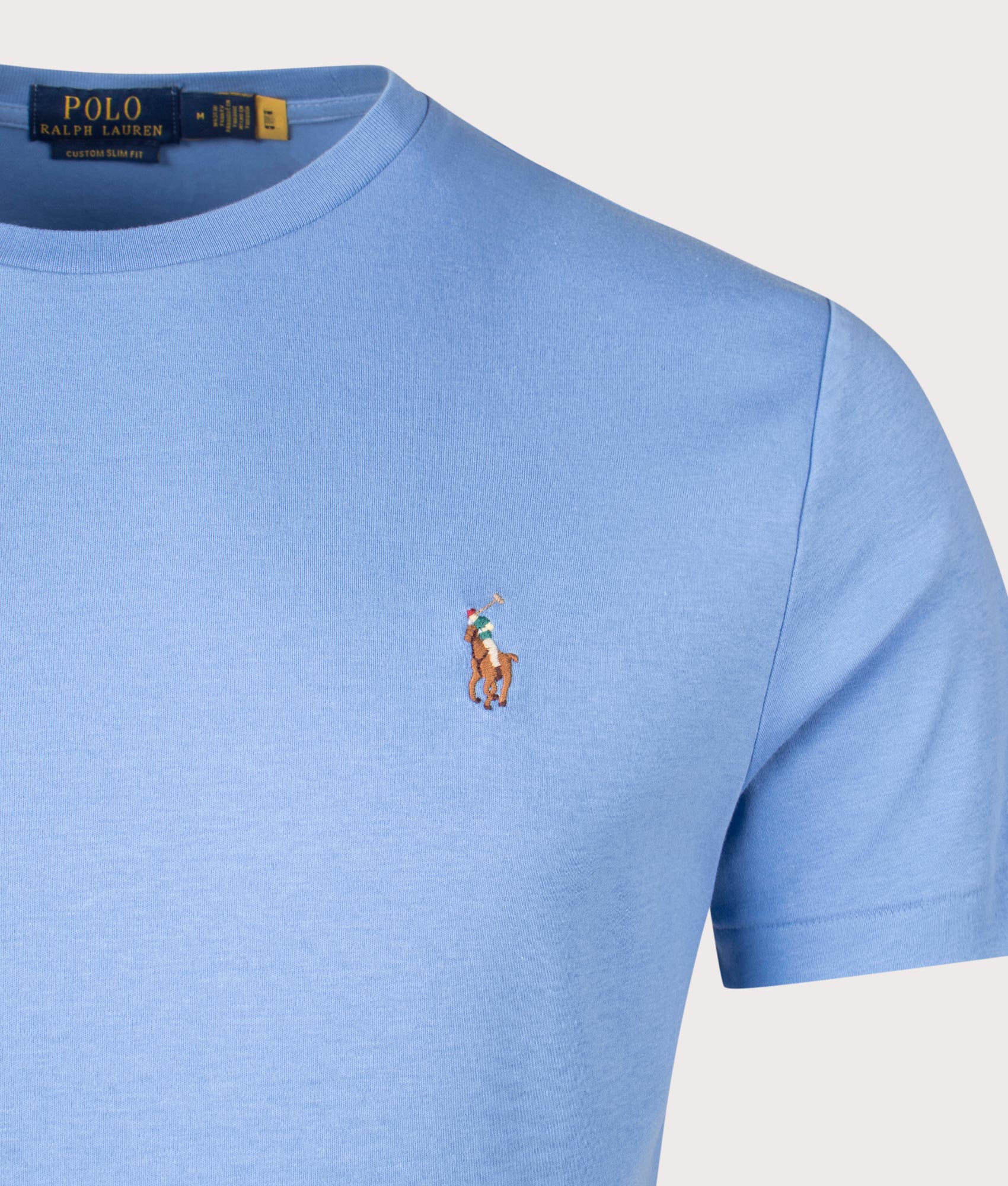 Polo Ralph Lauren Custom Slim Fit Pima T-Shirt in Sky Blue at EQVVS Menswear. Detail shot.