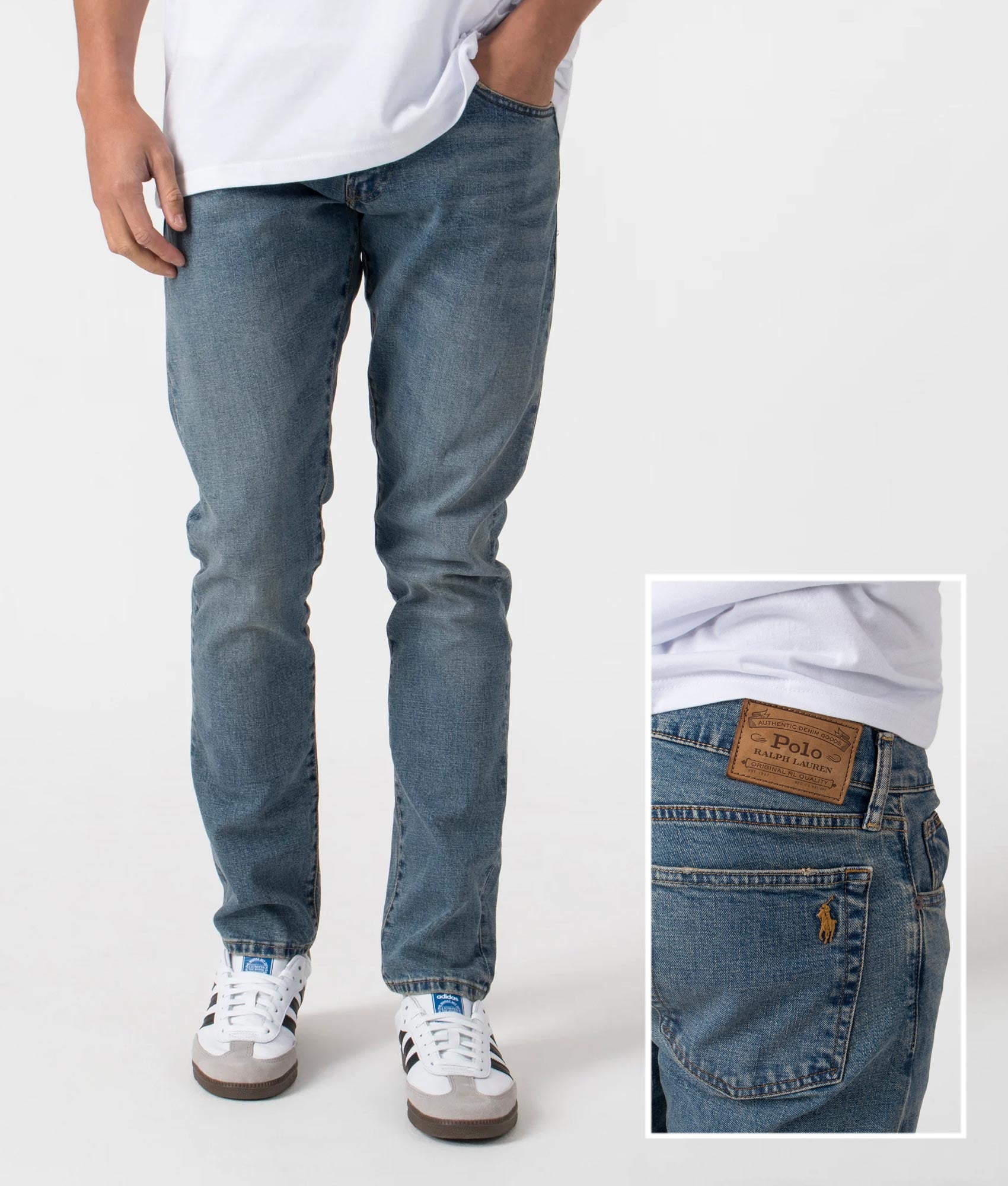 Polo Ralph Lauren Slim Fit Stretch Sullivan Jeans in Dixon Stretch, 99% Cotton at EQVVS. Front and Detail Shot. 