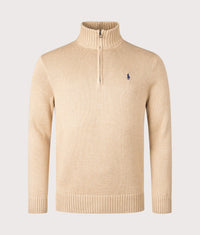 Mesh-Knit Cotton Quarter Zip Jumper: 504 Camel Melange 
