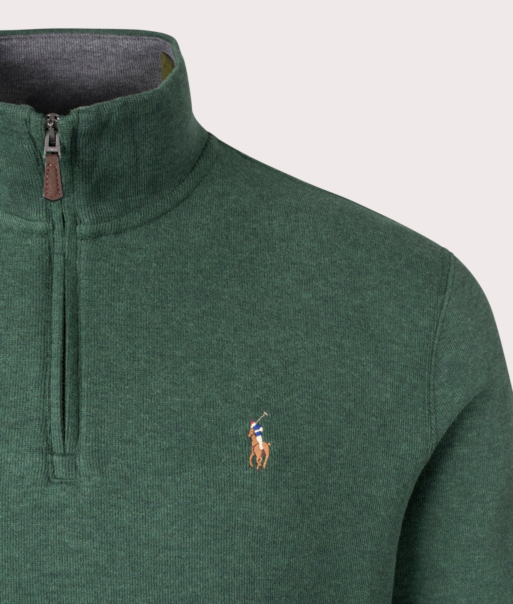Polo Ralph Lauren Quarter Zip Estate Rib Knit in Scotch Pine Green Heather with Barley Grey Heather interior. EQVVS Detail Shot