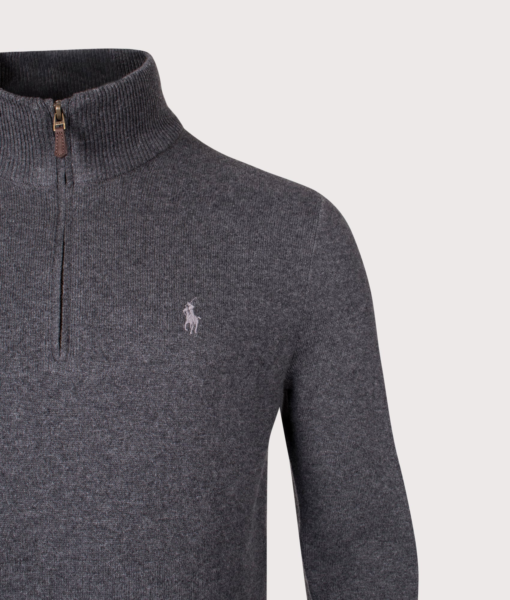 Merino Wool Quarter Zip Jumper in Dark Charcoal Heather | 100% Merino Wool | Polo Ralph Lauren | EQVVS | Front detail shot 