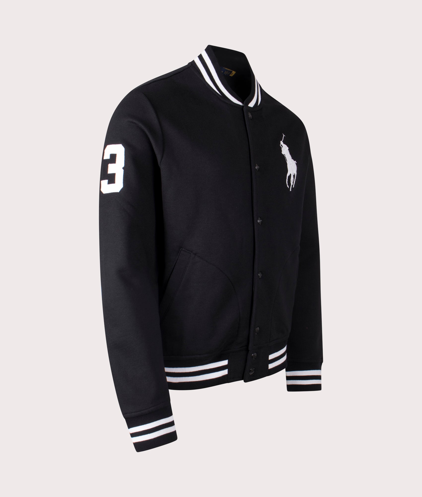 Polo Ralph Lauren Big Pony Fleece Baseball Jacket in Black. Shot at EQVVS. Front angle shot 