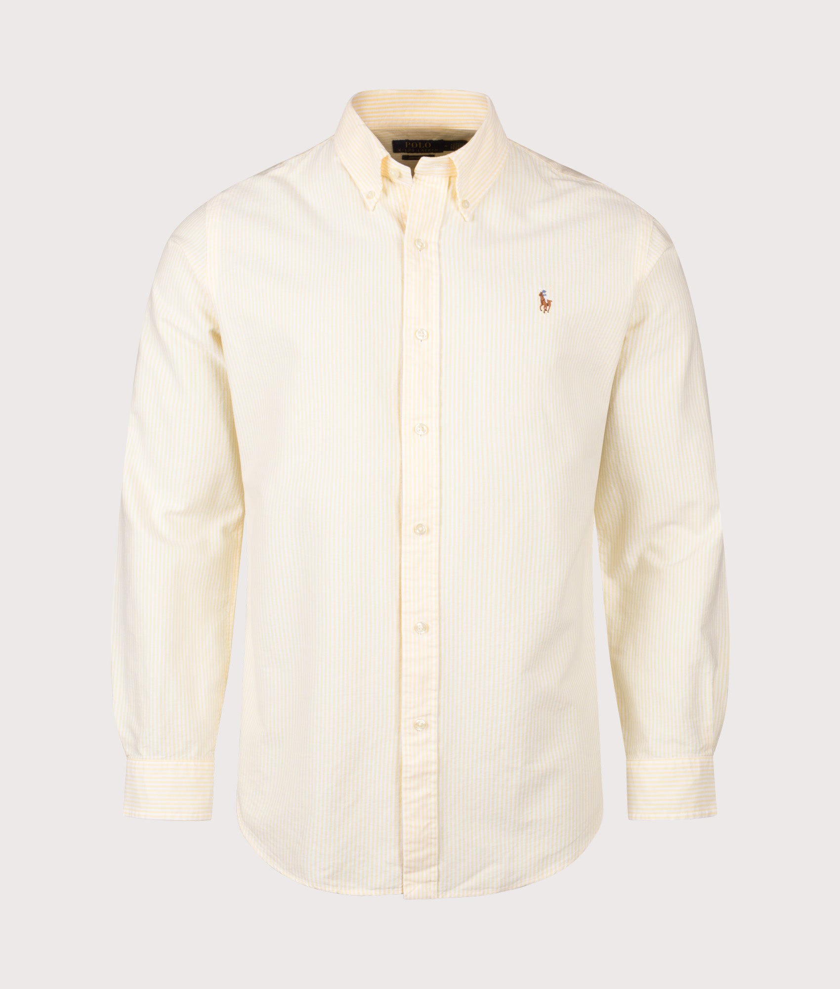 Polo Ralph Lauren Custom Fit Striped Oxford Shirt in Yellow Oxford and White at EQVVS Menswear. Front shot.