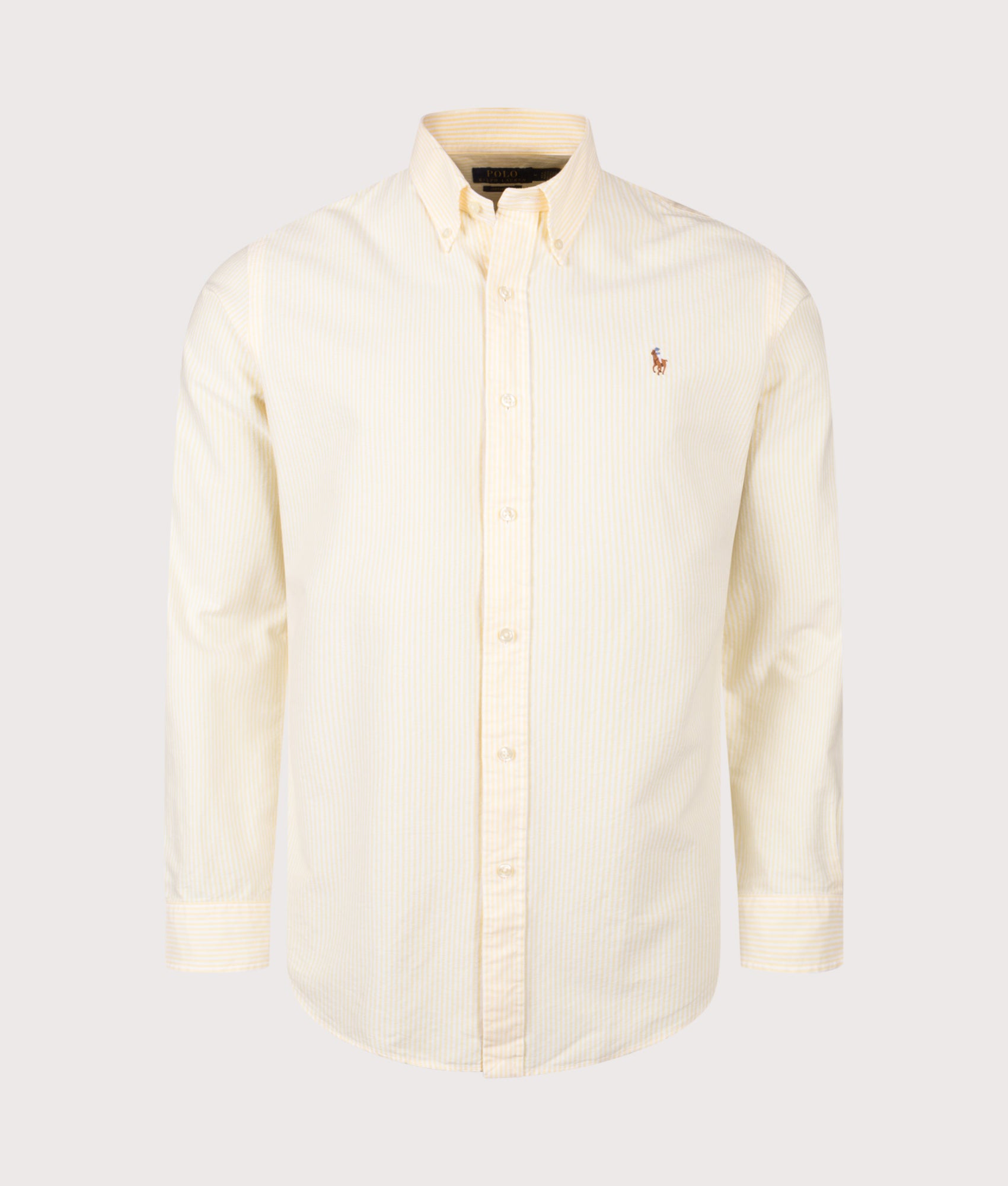 Polo Ralph Lauren Custom Fit Striped Oxford Shirt in Yellow Oxford and White at EQVVS Menswear. Front shot.