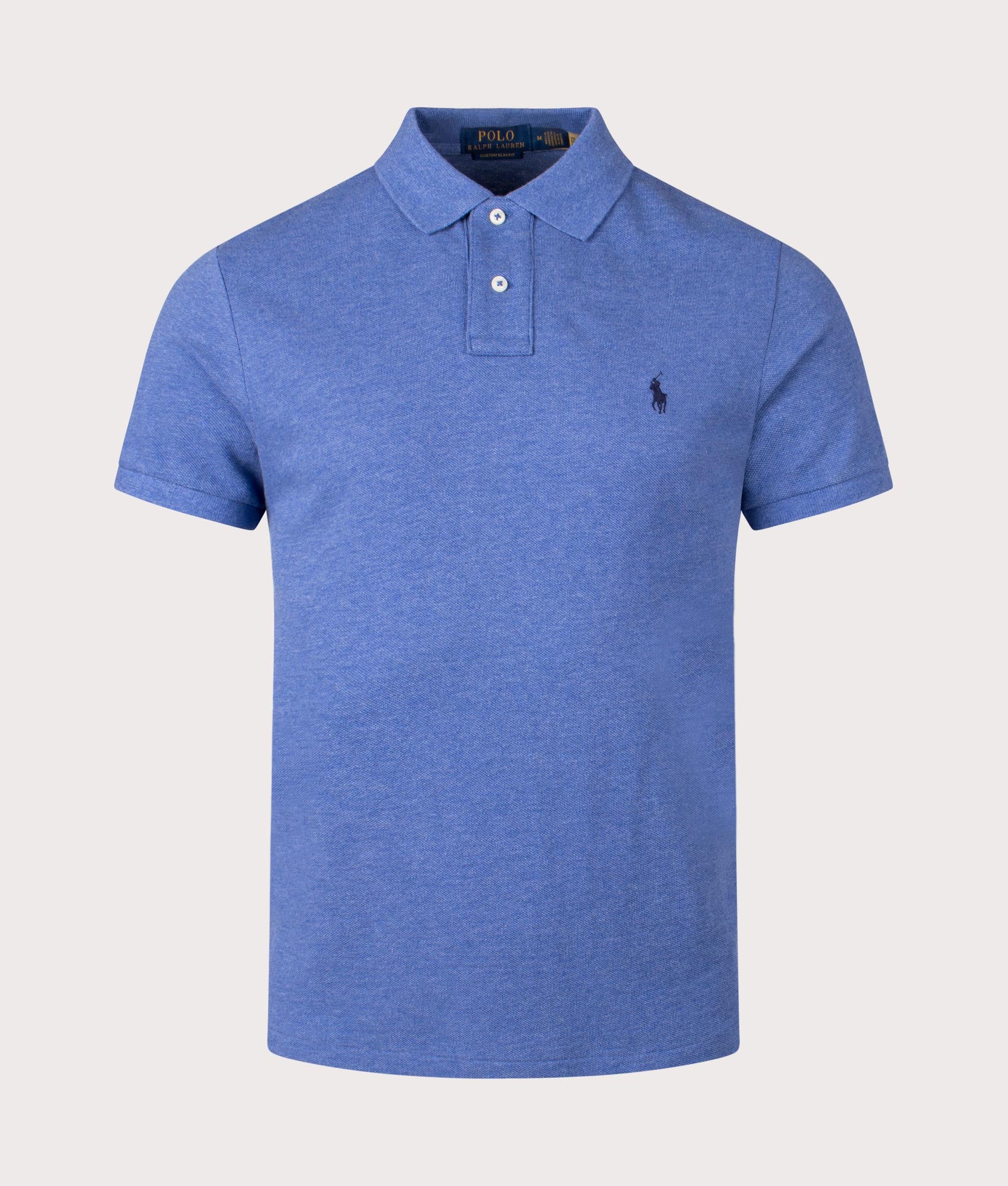 Polo Ralph Polo Custom Slim Fit Mesh Polo Shirt in Faded Royal Heather. EQVVS Front Shot.
