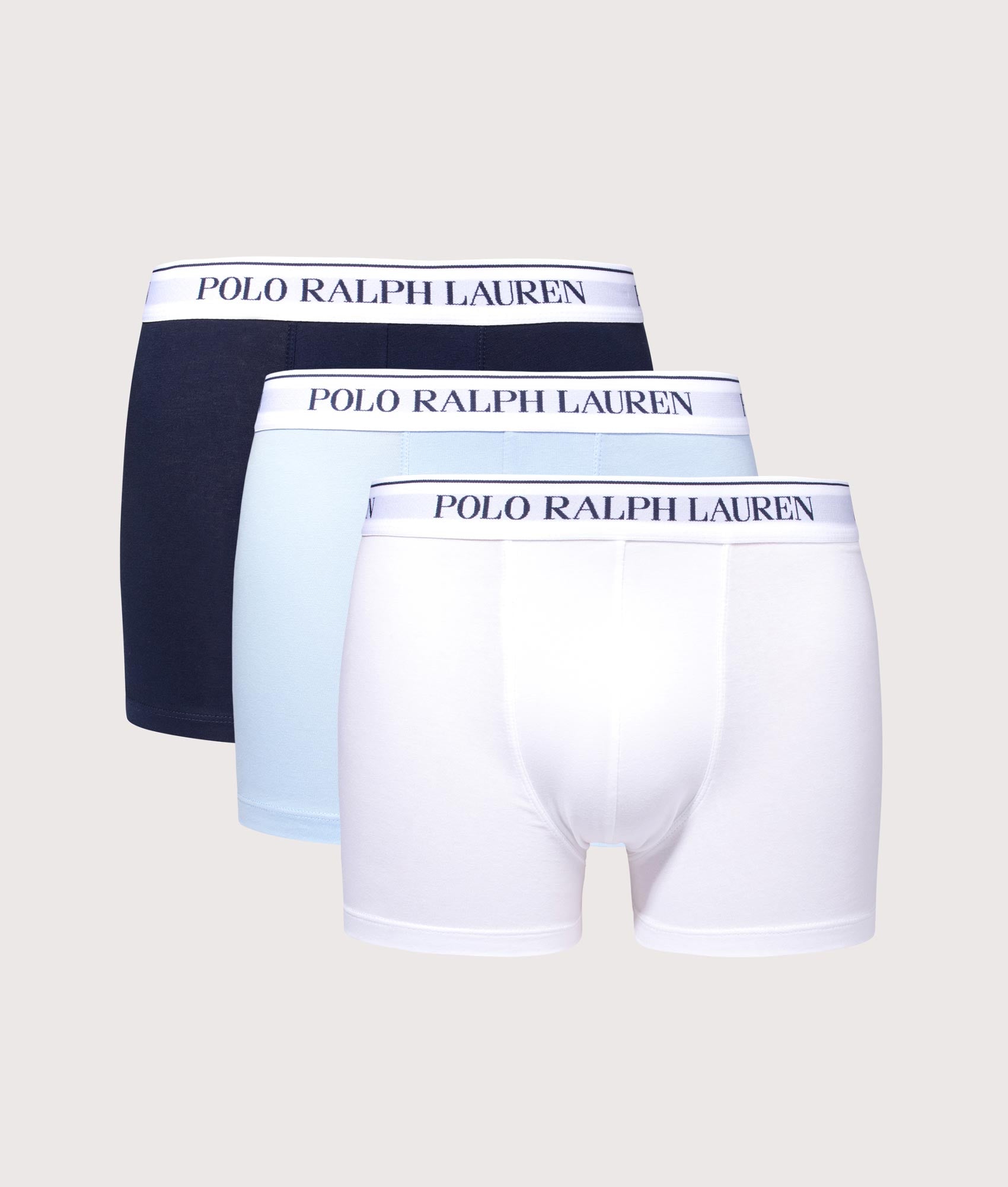 Polo Ralph Lauren 3 Pack Classic Stretch-Cotton Trunks in Navy / Office Blue / White. Shot at EQVVS.  Front shot 