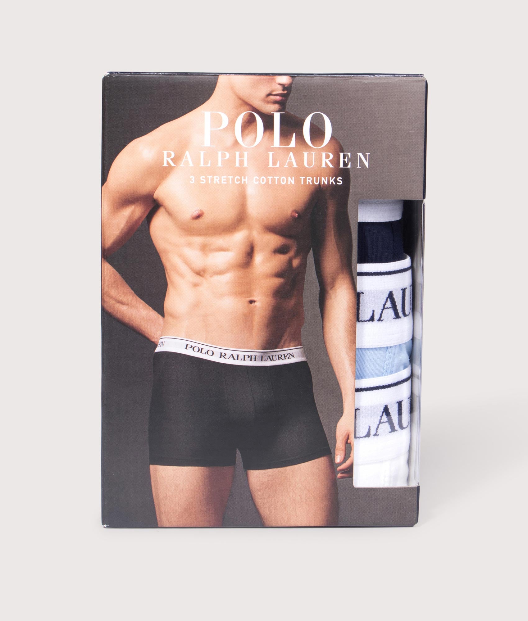 Polo Ralph Lauren 3 Pack Classic Stretch-Cotton Trunks in Navy / Office Blue / White. Shot at EQVVS. Box shot 