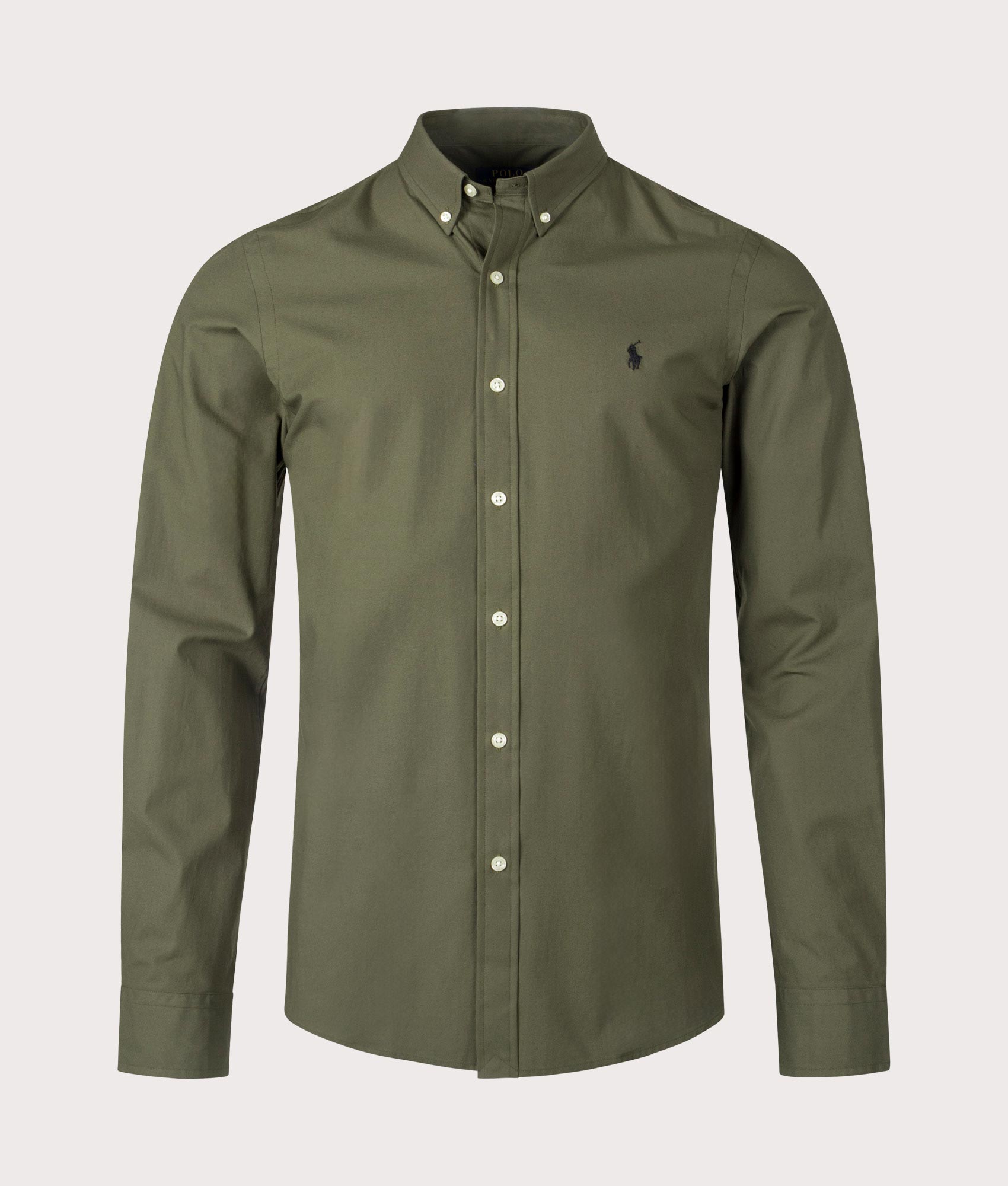 Polo Ralph Lauren Slim Fit Stretch Poplin Shirt in Armadillo Green at EQVVS. Front Shot.