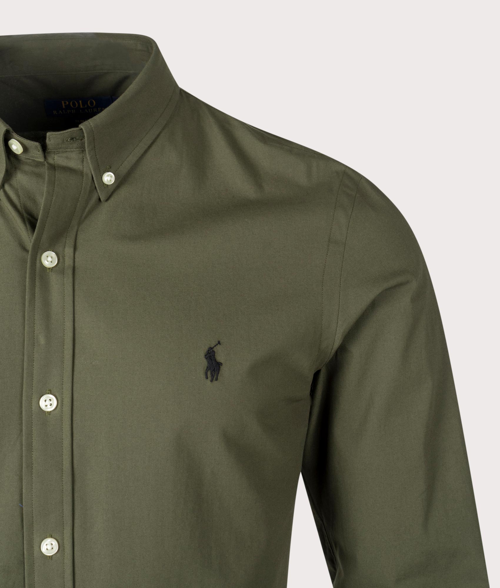 Polo Ralph Lauren Slim Fit Stretch Poplin Shirt in Armadillo Green at EQVVS. Detail Shot.