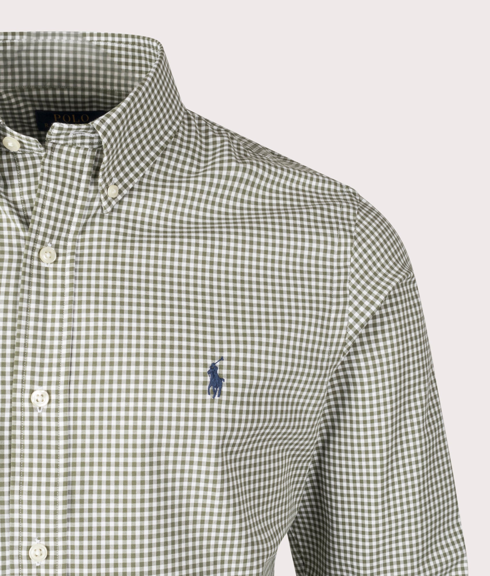 Polo Ralph Lauren Custom Fit Gingham Poplin Shirt in Garden Trail White at EQVVS. Detail Shot.