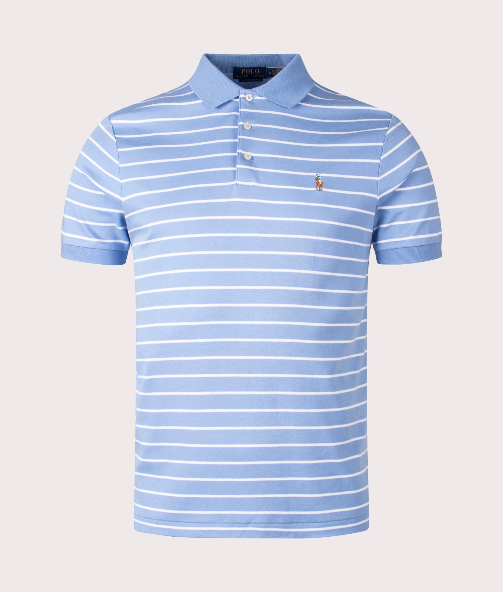 Polo Ralph Lauren Custom Slim Fit Polo Shirt in Sky Blue and White at EQVVS. Front Shot at EQVVS.