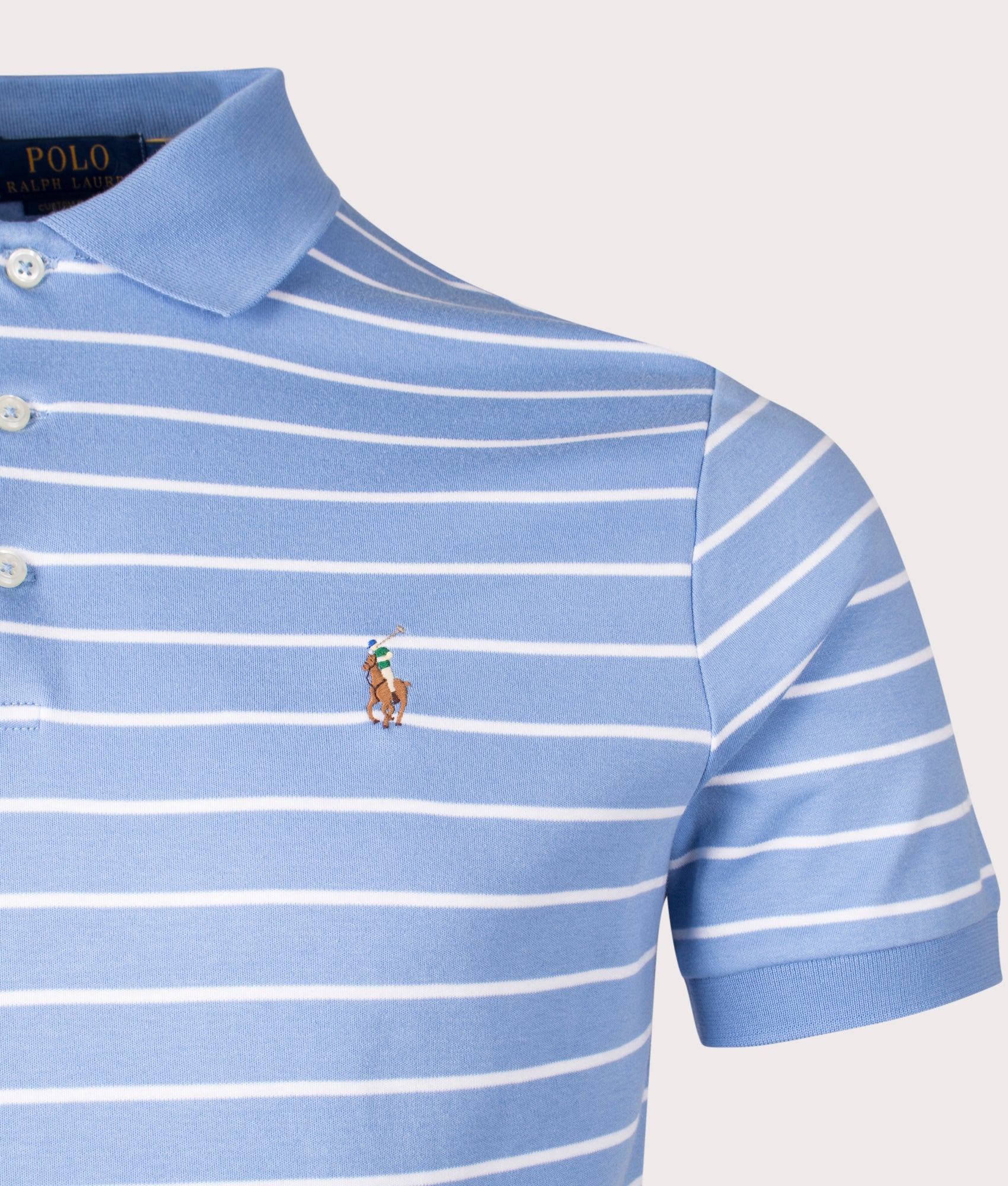 Polo Ralph Lauren Custom Slim Fit Polo Shirt in Sky Blue and White at EQVVS. Detail Shot at EQVVS.