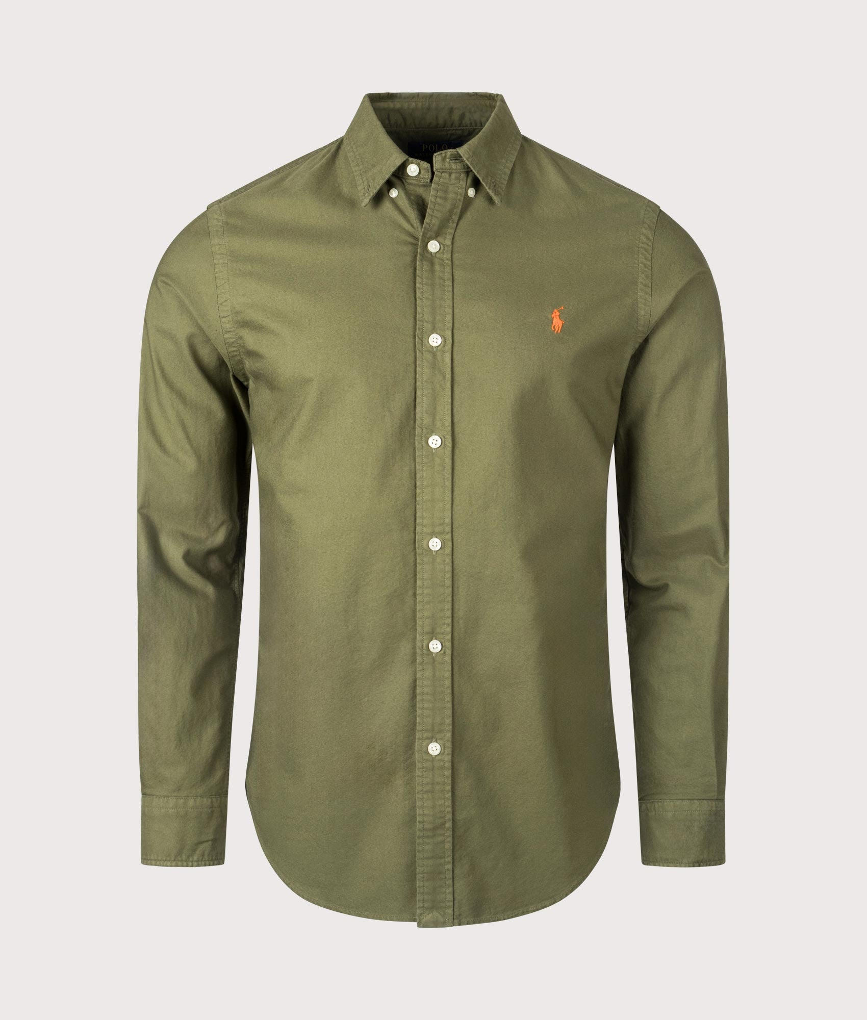 Polo Ralph Lauren, Slim Fit Garment-Dyed Oxford Shirt, New Olive, Eqvvs Menswear, front shot angle
