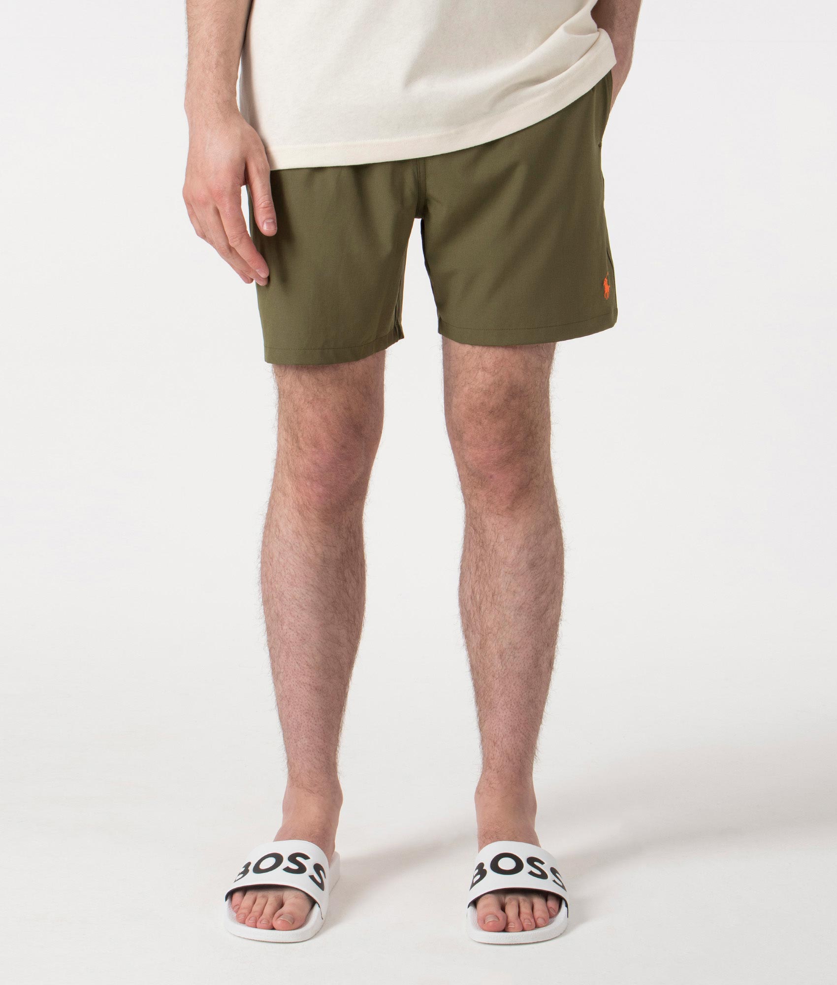 Polo Ralph Lauren Regular Fit Classic Swim Trunks in New Olive Green at EQVVS. Front Shot.
