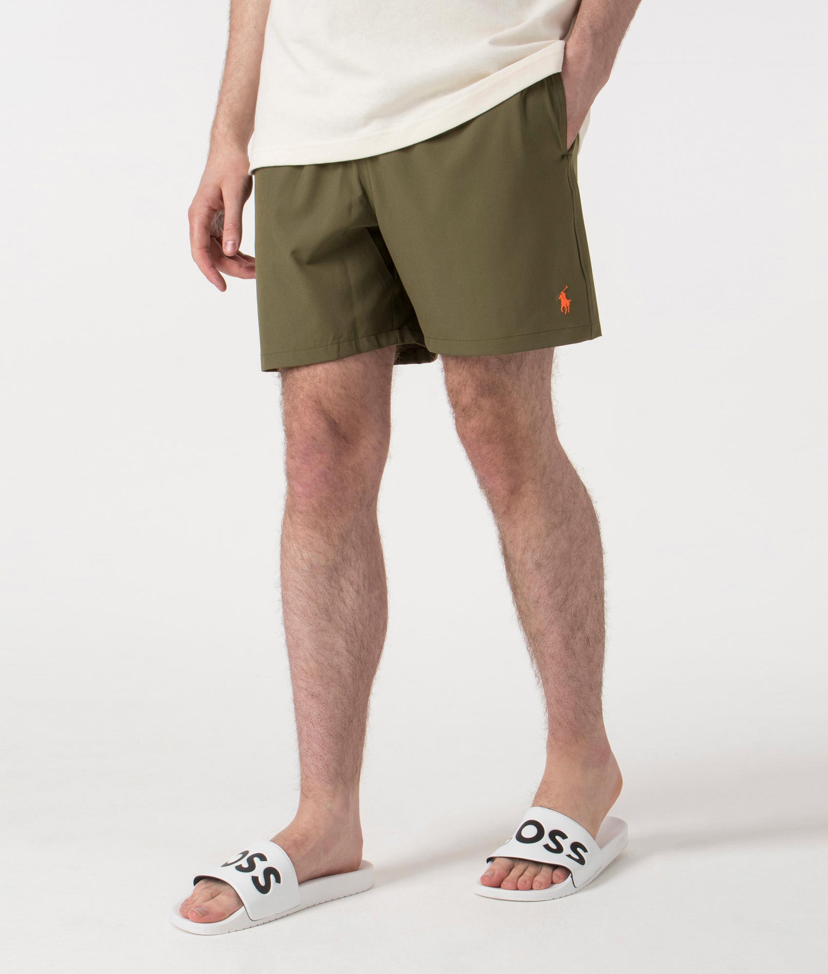 Polo Ralph Lauren Regular Fit Classic Swim Trunks in New Olive Green at EQVVS. Front Shot.