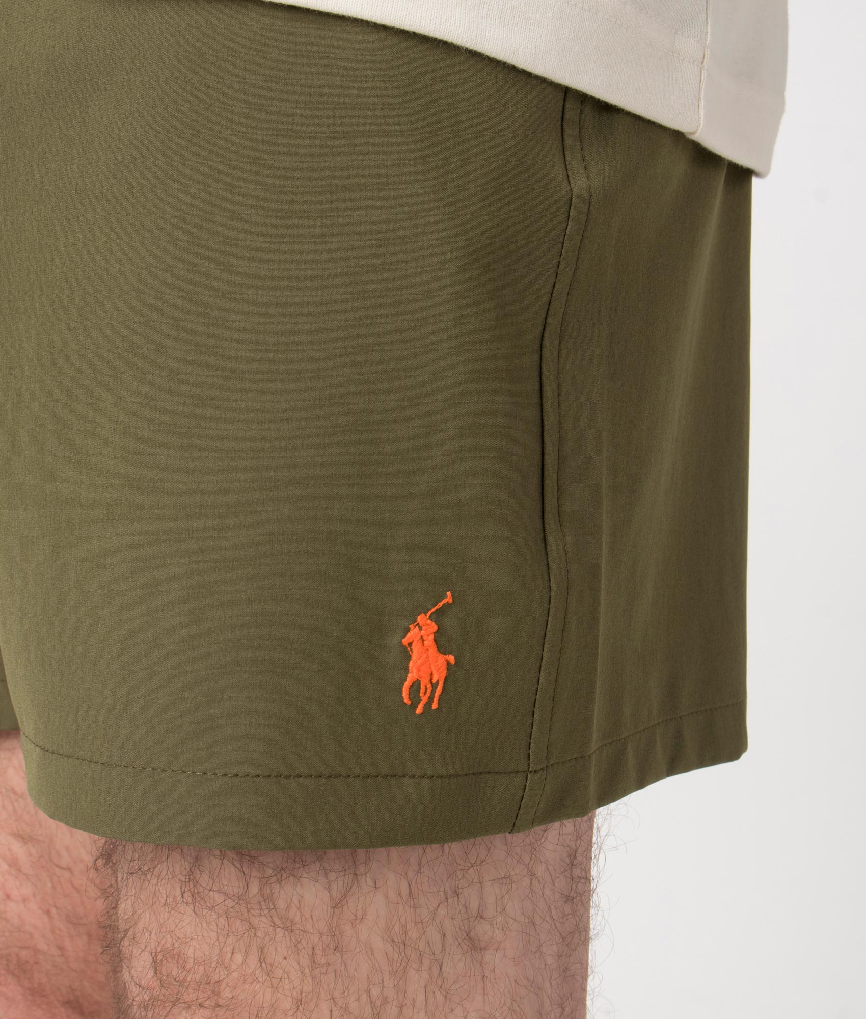 Polo Ralph Lauren Regular Fit Classic Swim Trunks in New Olive Green at EQVVS. Front Detail Shot.