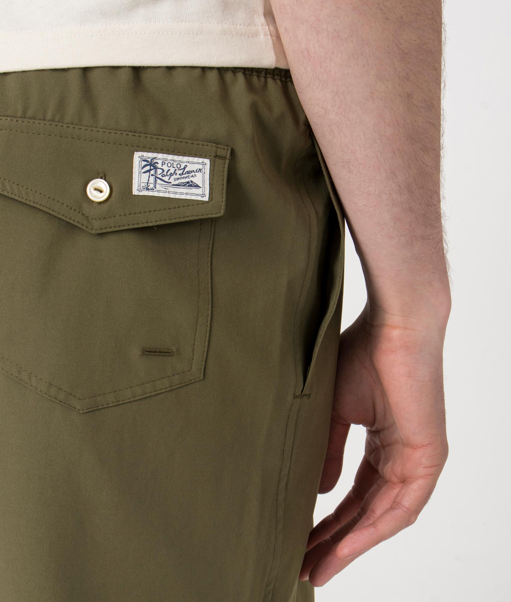Polo Ralph Lauren Regular Fit Classic Swim Trunks in New Olive Green at EQVVS. Back Detail Shot.