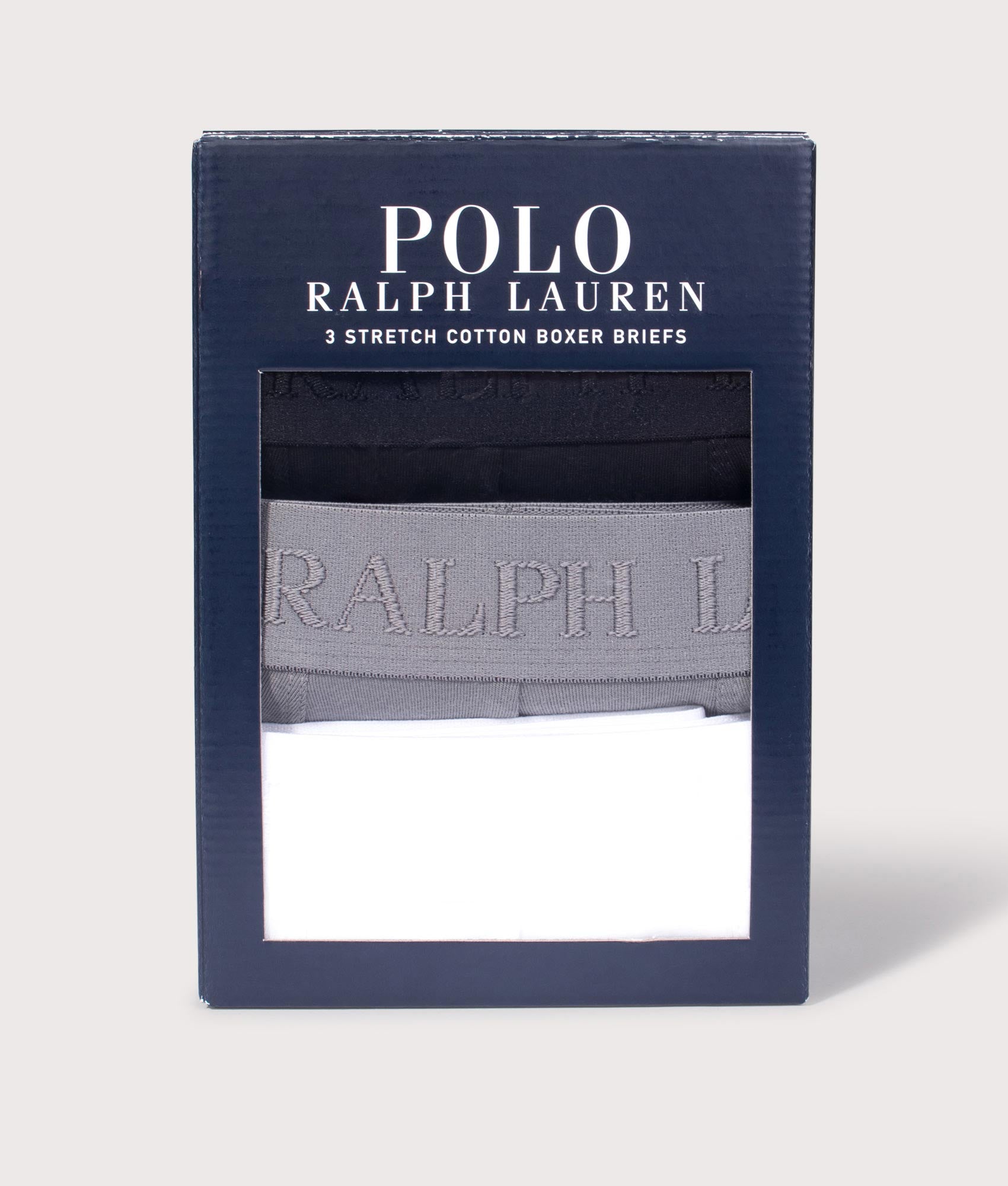 3 Pack Classic Stretch Cotton Trunks in Black/Perf Grey/White | Polo Ralph Lauren | EQVVS | Box shot 