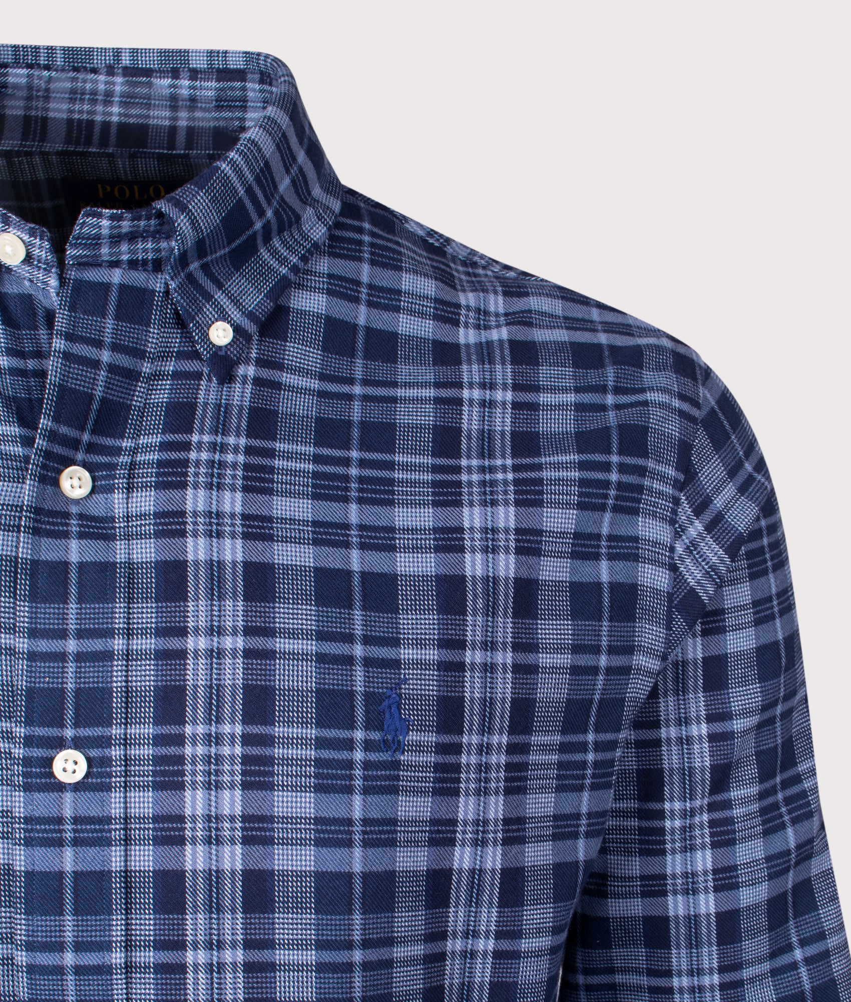 Polo Ralph Lauren Custom Fit Brushed Twill Pony Player Shirt in Blue at EQVVS Menswear. Detail Shot.