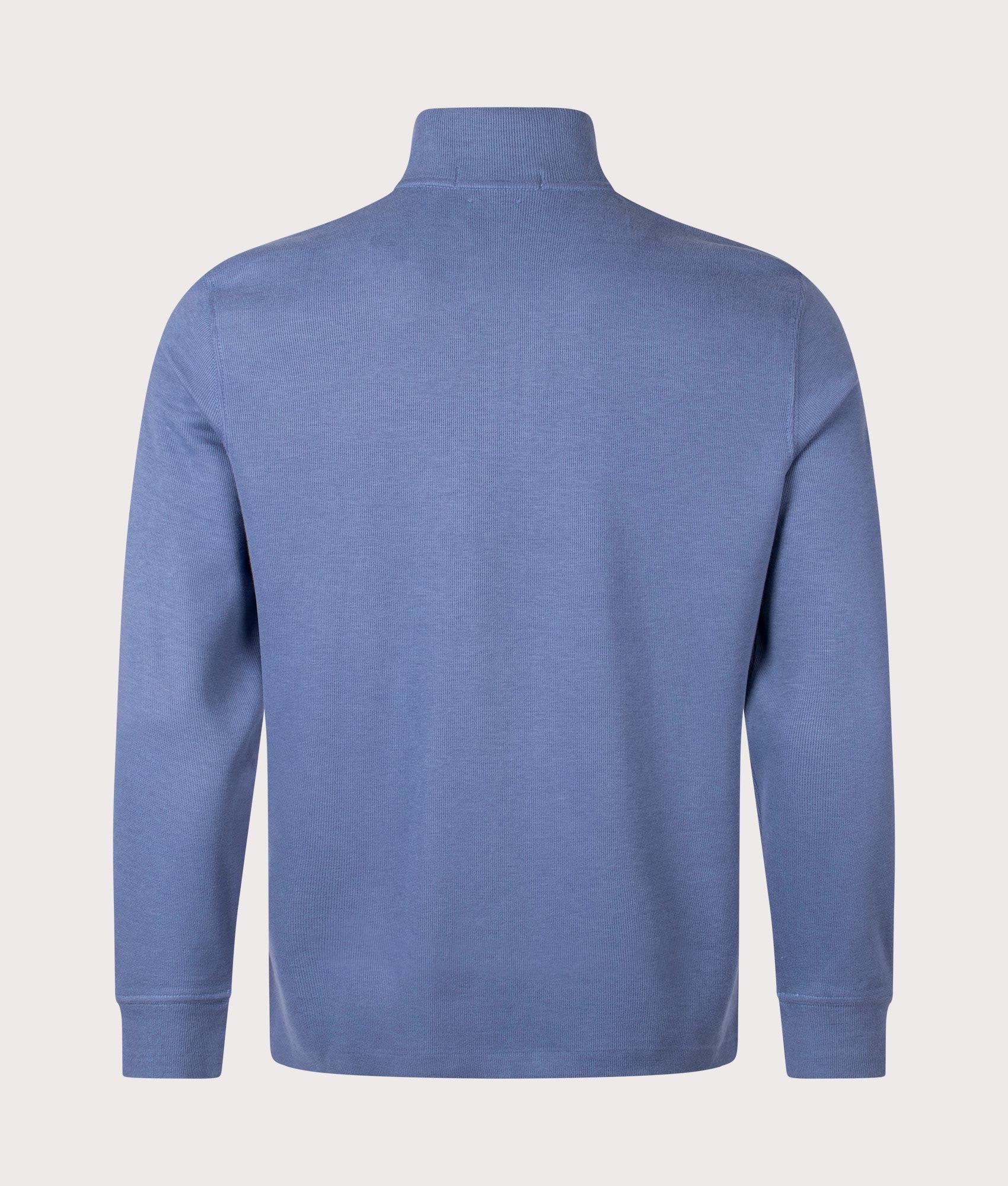 Estate-Rib Quarter Zip Knit in Capri Blue by Polo Ralph Lauren at EQVVS. Back Angle Shot. 