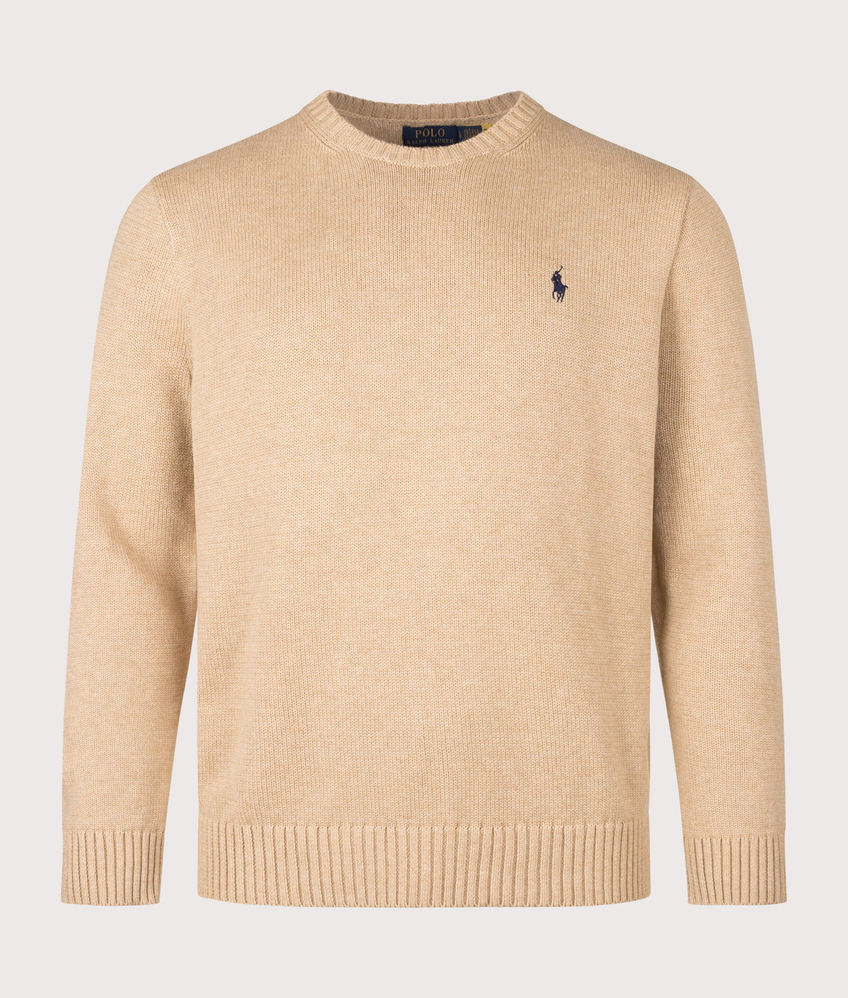 Polo Ralph Lauren Regular Fit Cotton Crew Neck Jumper in Camel Melange at EQVVS Menswear. Front shot.