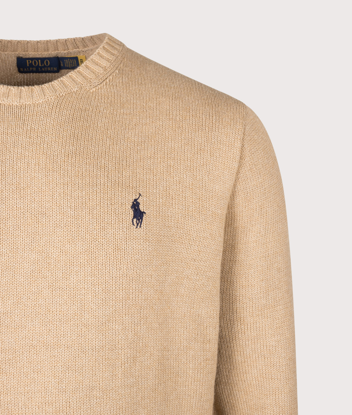 Polo Ralph Lauren Regular Fit Cotton Crew Neck Jumper in Camel Melange at EQVVS Menswear. Detail shot.