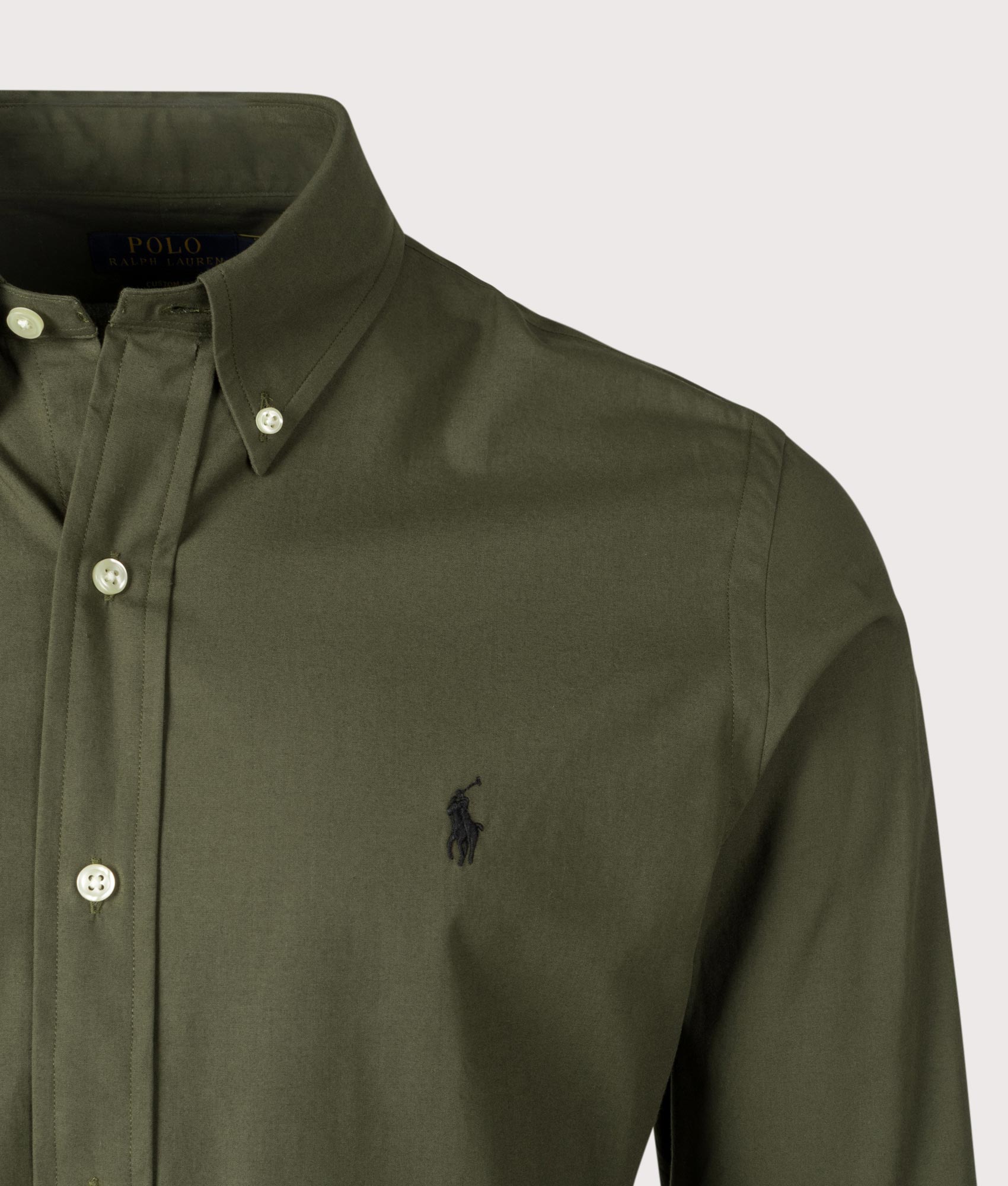 Polo Ralph Lauren Custom Fit Lightweight Sport Shirt in Armadillo. Shot at EQVVS. Detail shot 