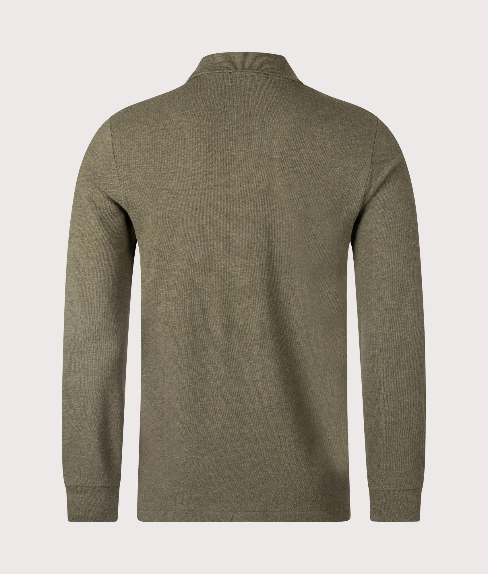 Polo Ralph Lauren Custom Slim Fit Long Sleeve Polo Shirt in Service Green Heather. EQVVS Back Shot.