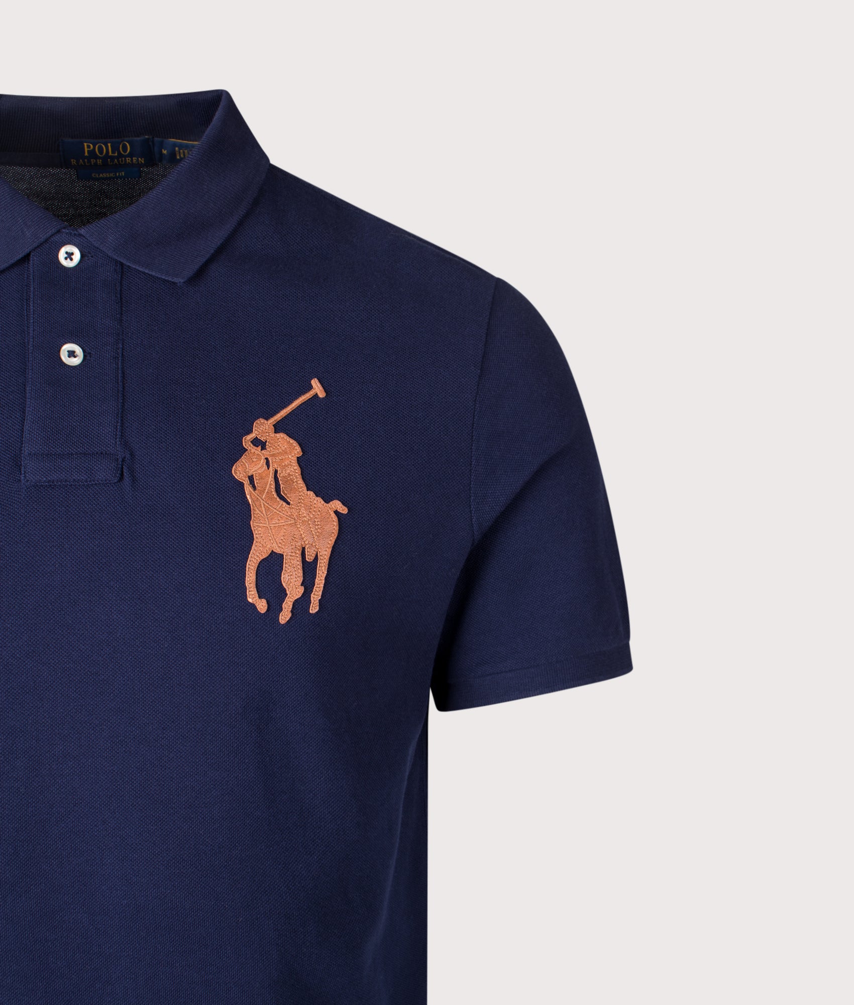 Classic Fit Leather-Pony Mesh Polo Shirt. 100% Cotton | Polo Ralph Lauren | EQVVS | Front detail shot 