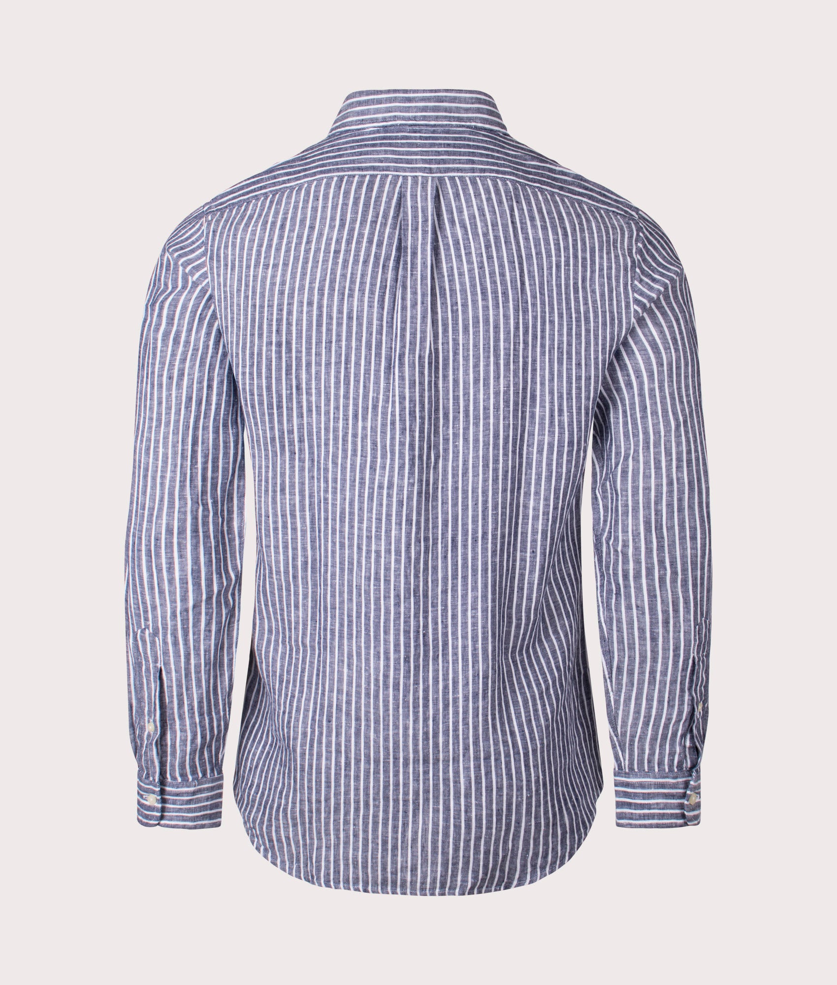 Polo Ralph Lauren Custom Fit Striped Linen Shirt in Newport Navy and White. Shot at EQVVS. Back shot