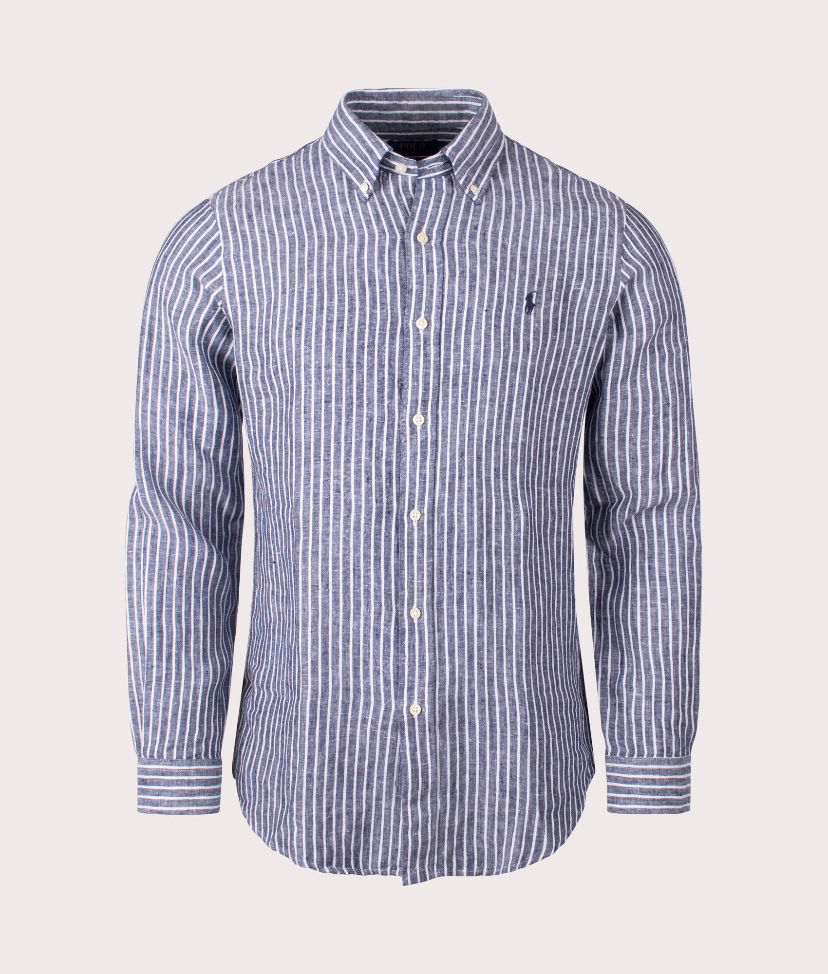 Polo Ralph Lauren Custom Fit Striped Linen Shirt in Newport Navy and White. Shot at EQVVS. Front detail shot 
