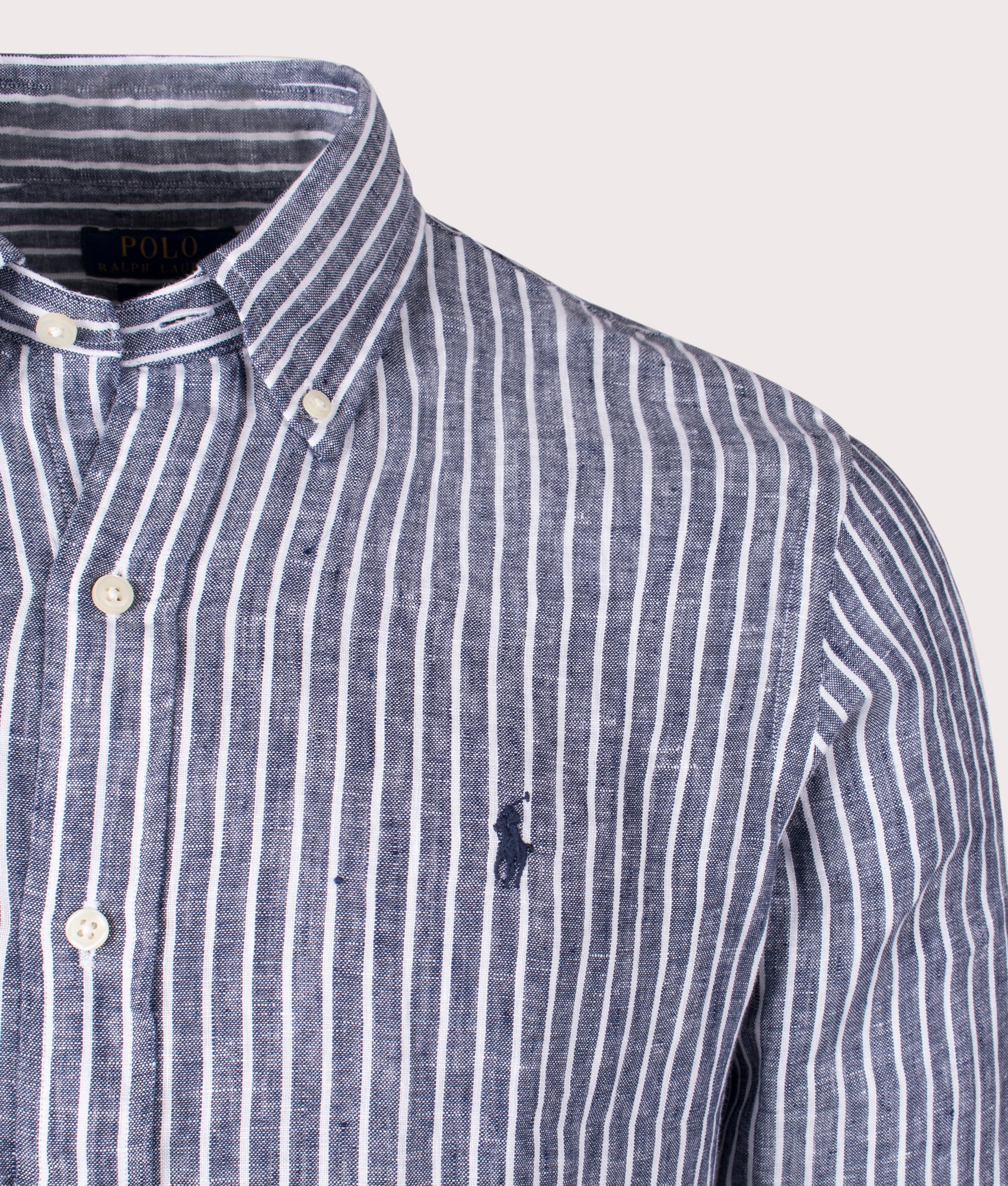 Polo Ralph Lauren Custom Fit Striped Linen Shirt in Newport Navy and White. Shot at EQVVS. Front logo shot 