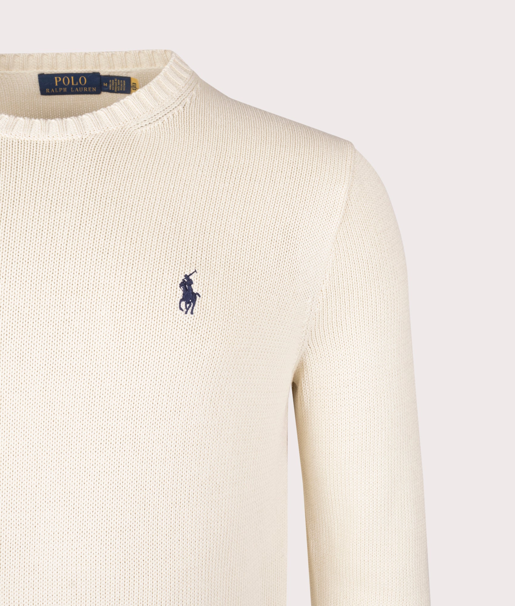 Cotton Ribbed Crew Neck Jumper in Andover Cream | 100% Cotton | Polo Ralph Lauren | EQVVS | Front detail shot 