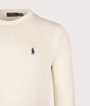 Cotton Ribbed Crew Neck Jumper in Andover Cream | 100% Cotton | Polo Ralph Lauren | EQVVS | Front detail shot 
