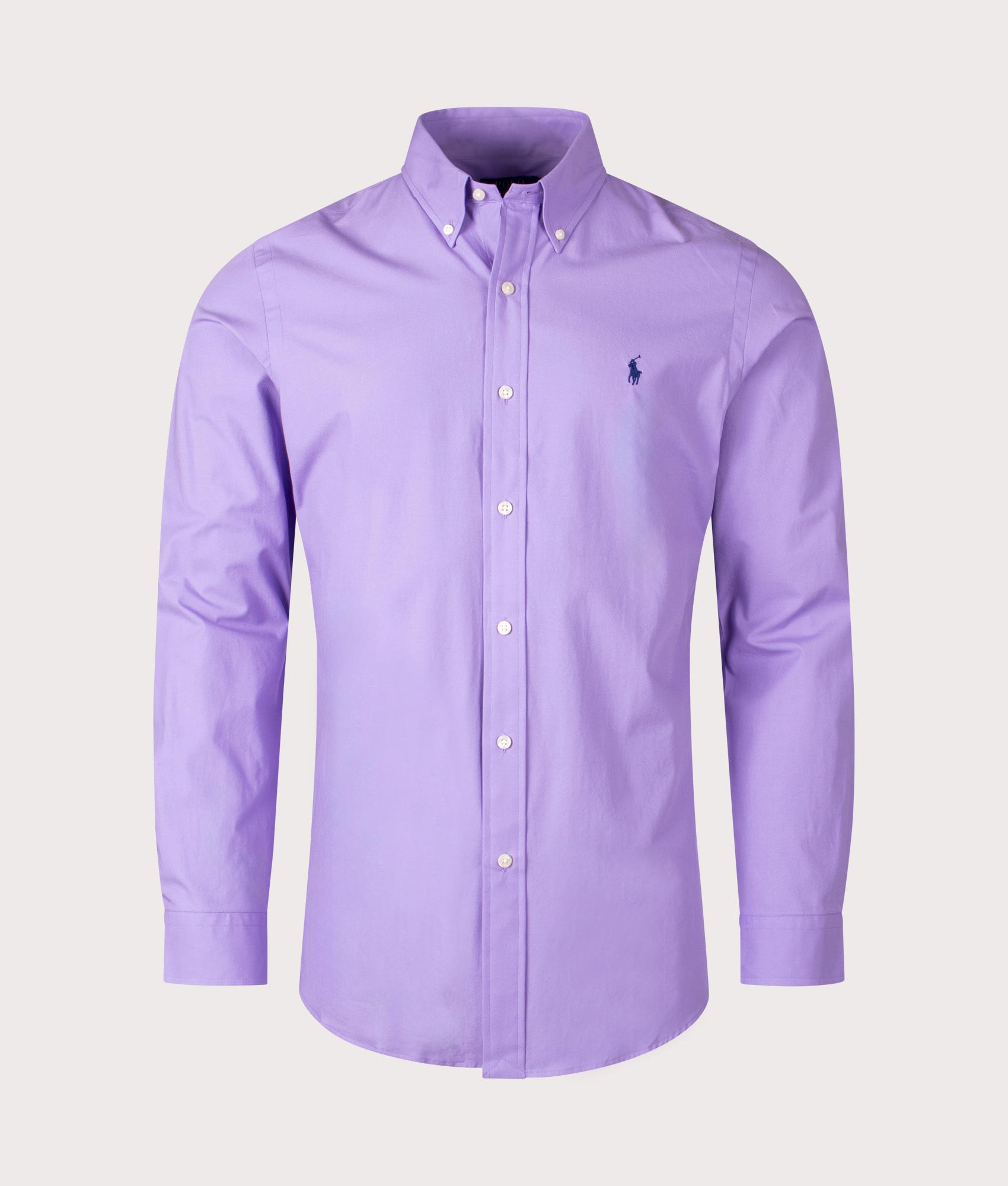Polo Ralph Lauren Custom Fit Stretch Poplin Shirt in Aix Lavender at EQVVS. Front Shot.