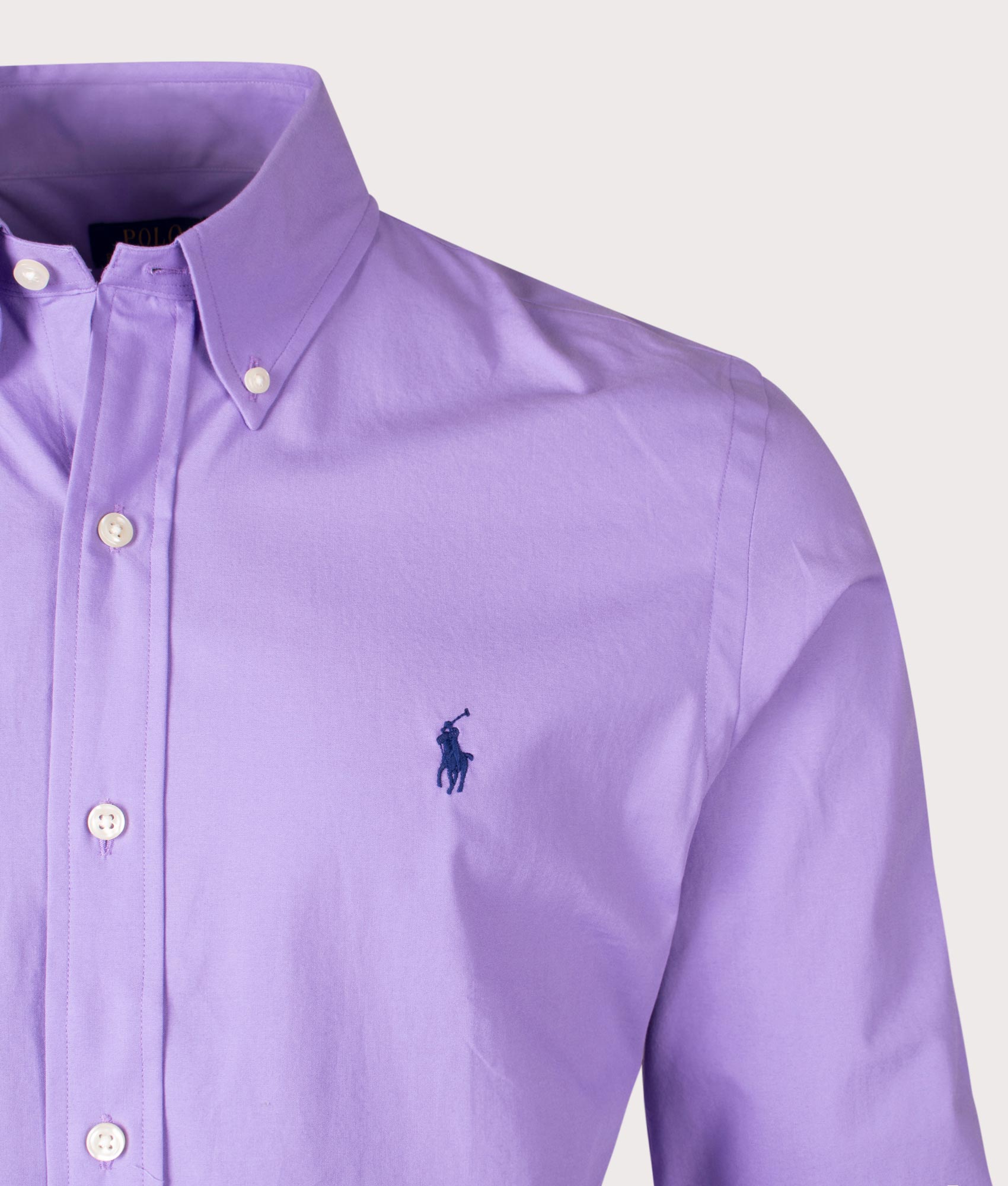 Polo Ralph Lauren Custom Fit Stretch Poplin Shirt in Aix Lavender at EQVVS. Detail Shot.