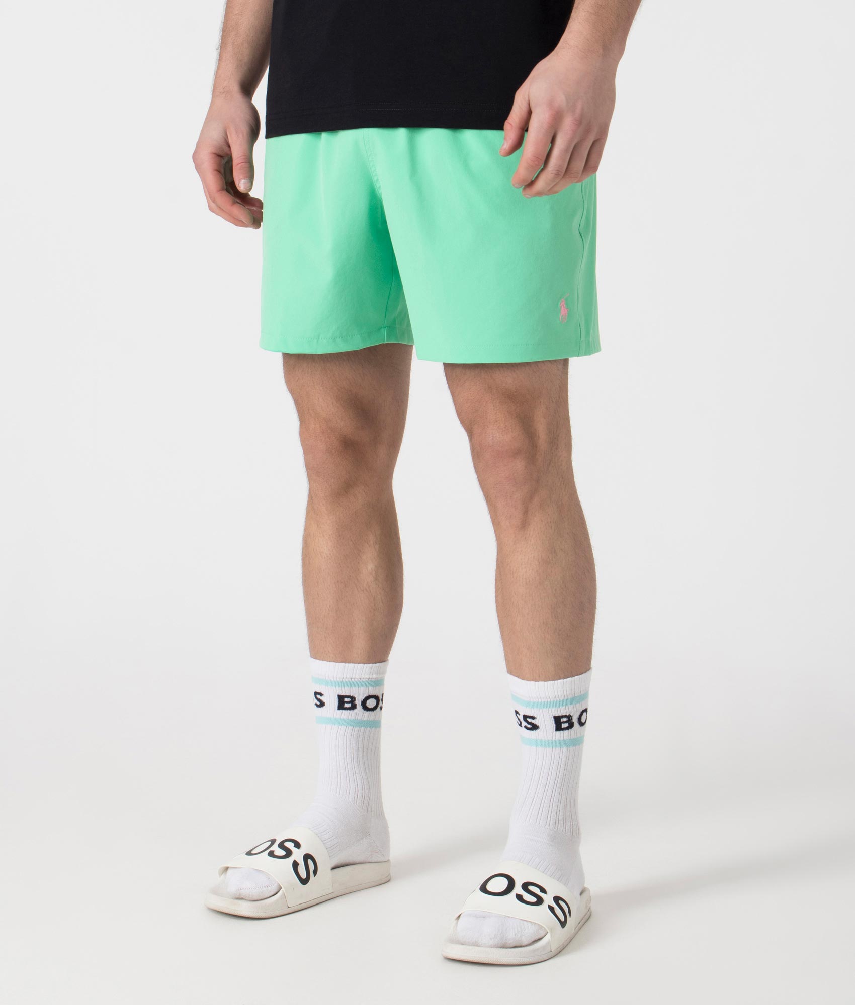 Polo Ralph Lauren Classic Swim Trunks in Sunset Green. Shot at EQVVS. Side shot. 