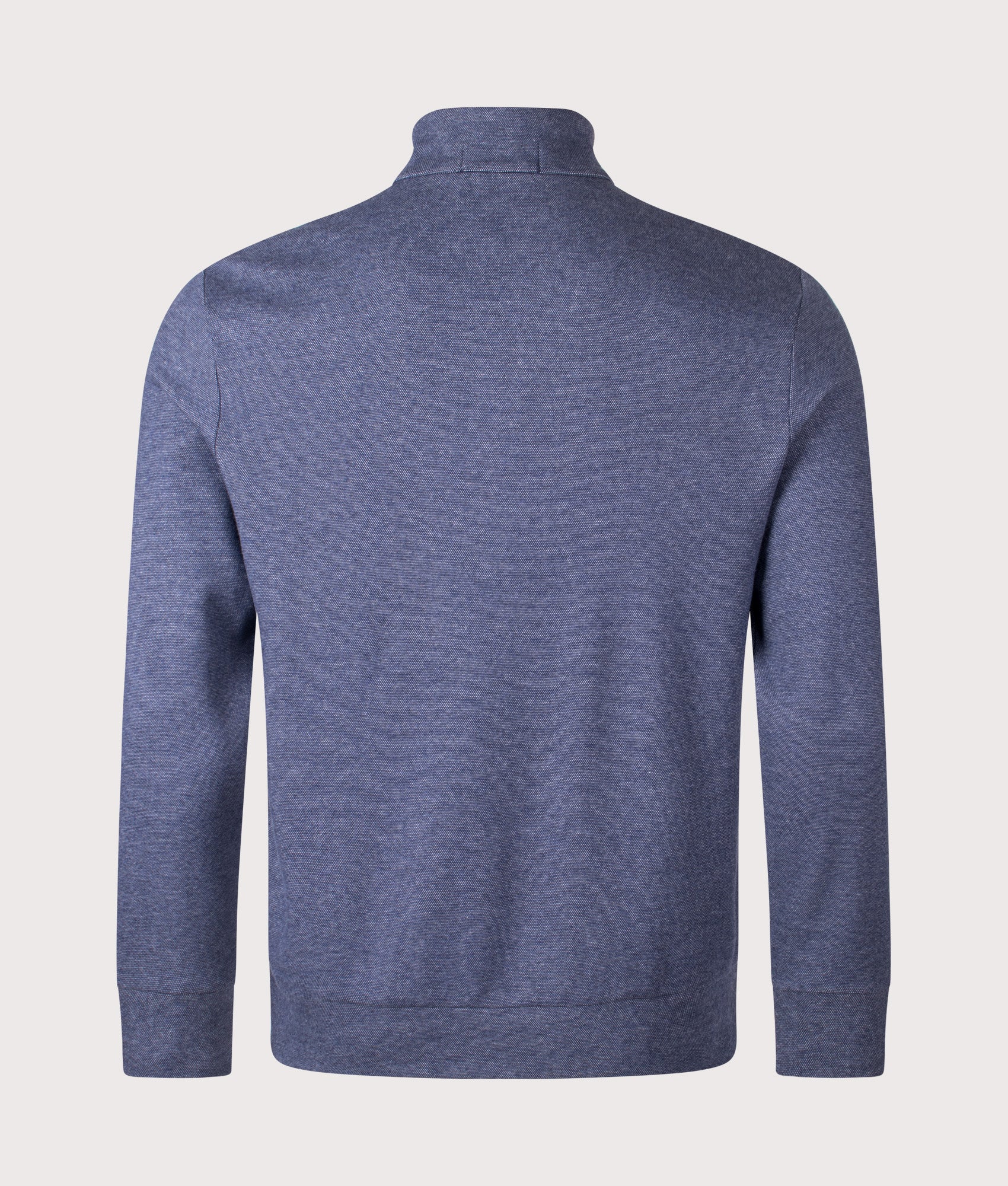Textured Double-Knit Quarter Zip Sweatshirt by Polo Ralph Lauren in Spring Navy Heather/ Nevis. Shot by EVVS. Back shot.