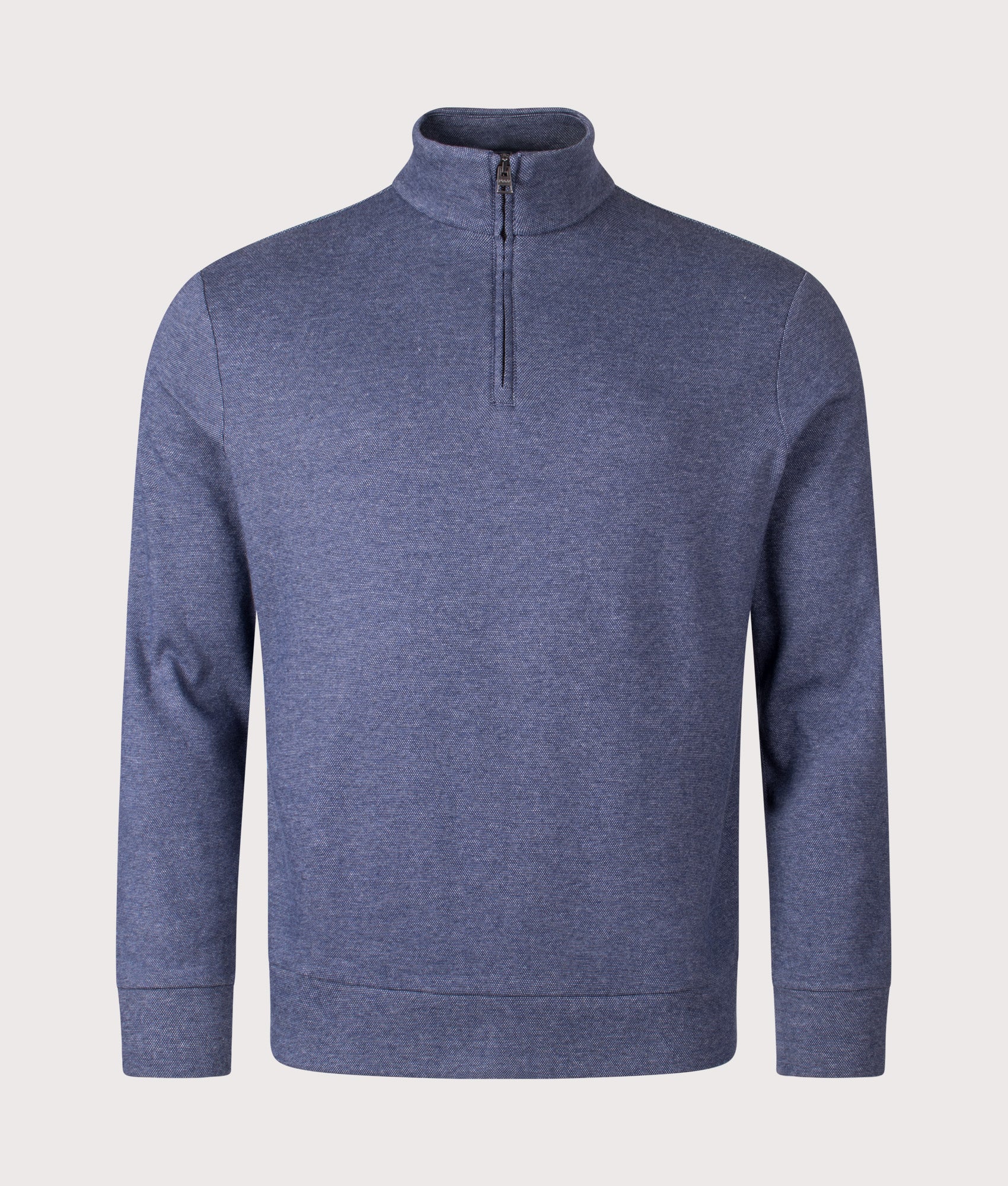Textured Double-Knit Quarter Zip Sweatshirt by Polo Ralph Lauren in Spring Navy Heather/ Nevis. Shot by EVVS. Front shot.