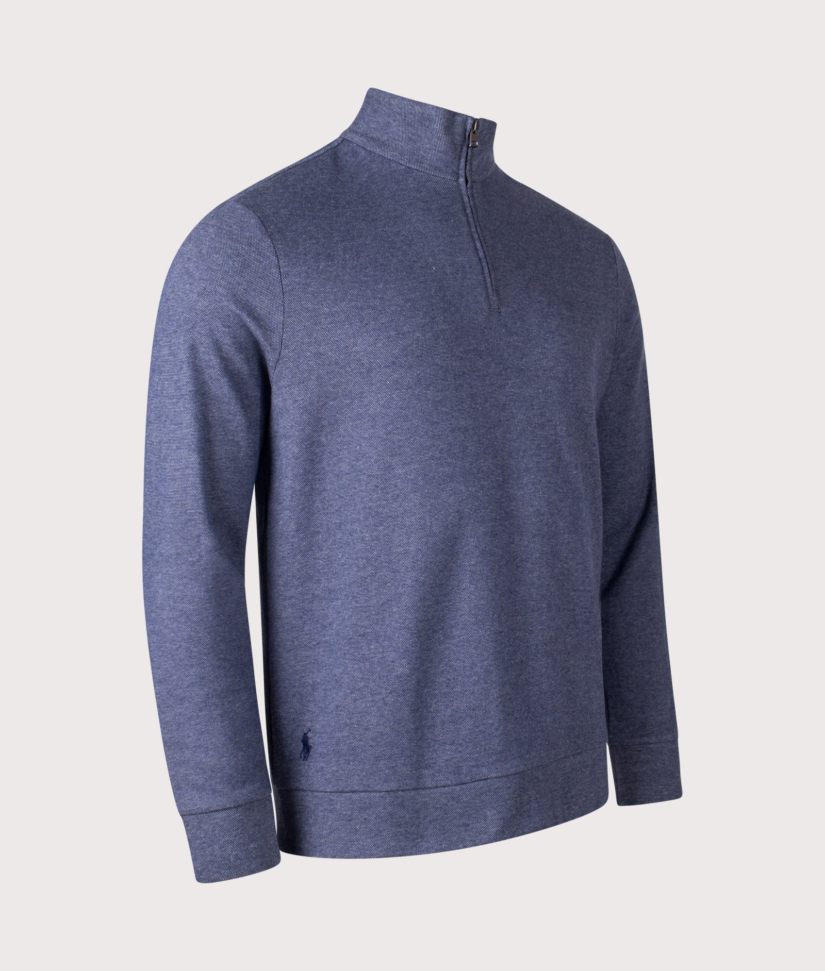 Textured Double-Knit Quarter Zip Sweatshirt by Polo Ralph Lauren in Spring Navy Heather/ Nevis. Shot by EVVS. Front angled shot.