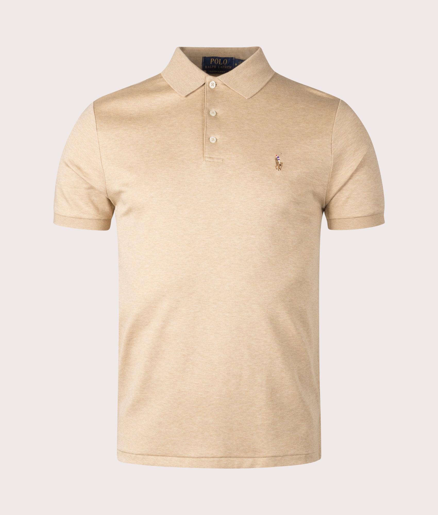 Polo Ralph Lauren Custom Slim Fit Soft Cotton Polo Shirt in Classic Camel Heather at EQVVS. Front Shot.