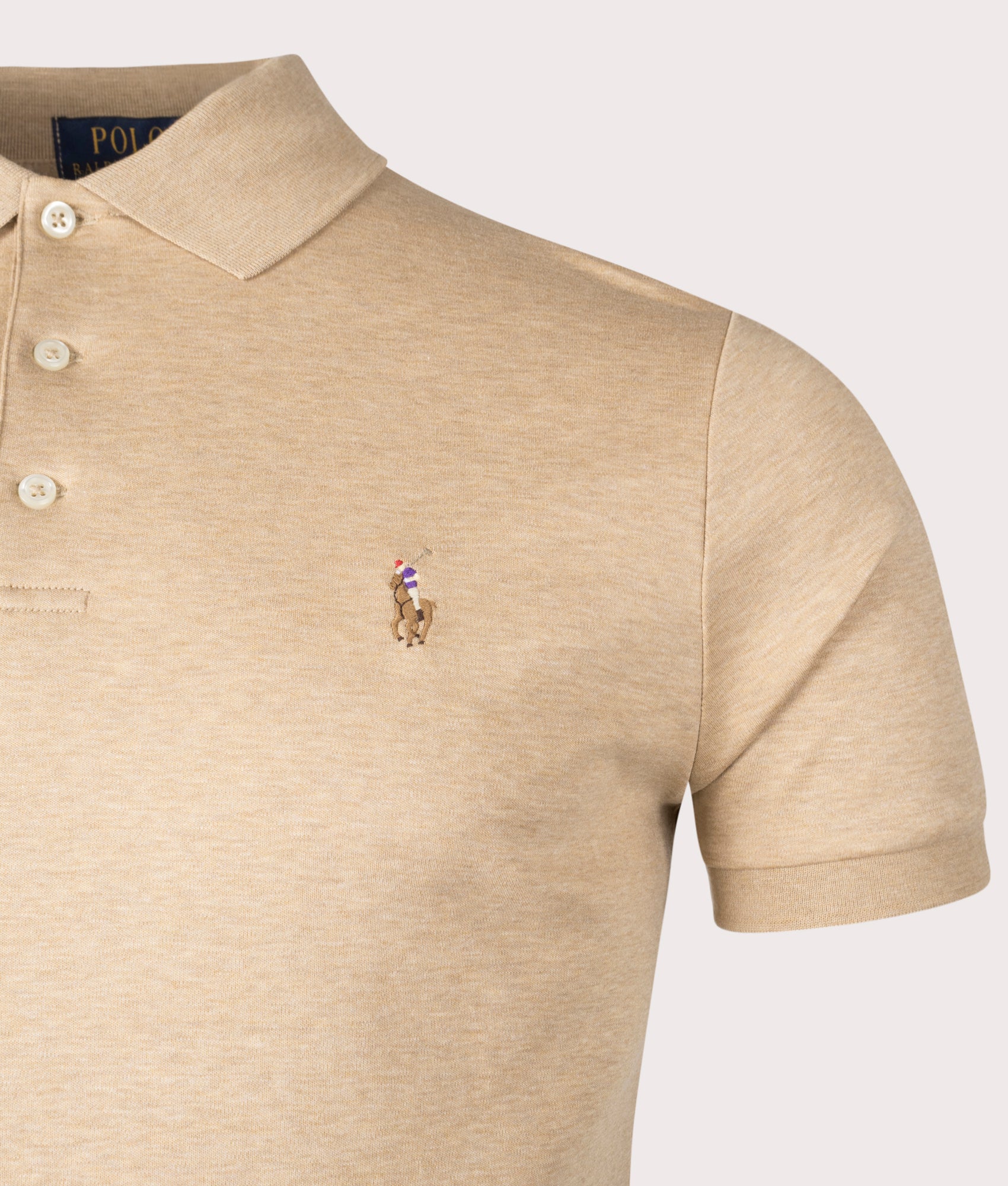 Polo Ralph Lauren Custom Slim Fit Soft Cotton Polo Shirt in Classic Camel Heather at EQVVS. Detail Shot.
