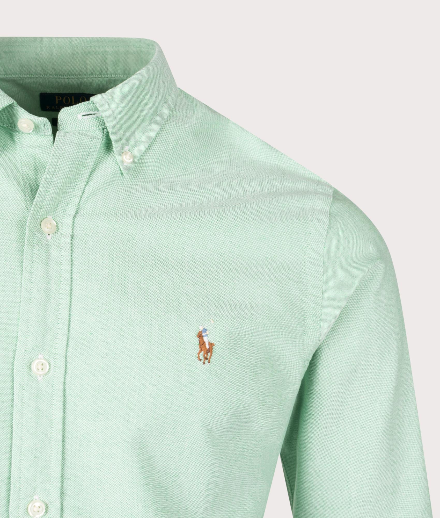 Polo Ralph Lauren Slim Fit Oxford Shirt in Summer Emerald. Detail Shot.