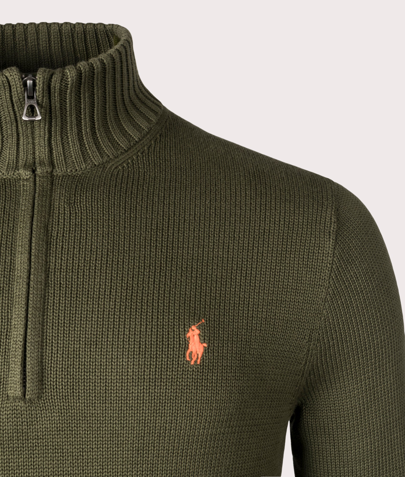 Polo Ralph Lauren Mesh-Knit Cotton Quarter Zip Pullover in New Olive. Detail Shot at EQVVS