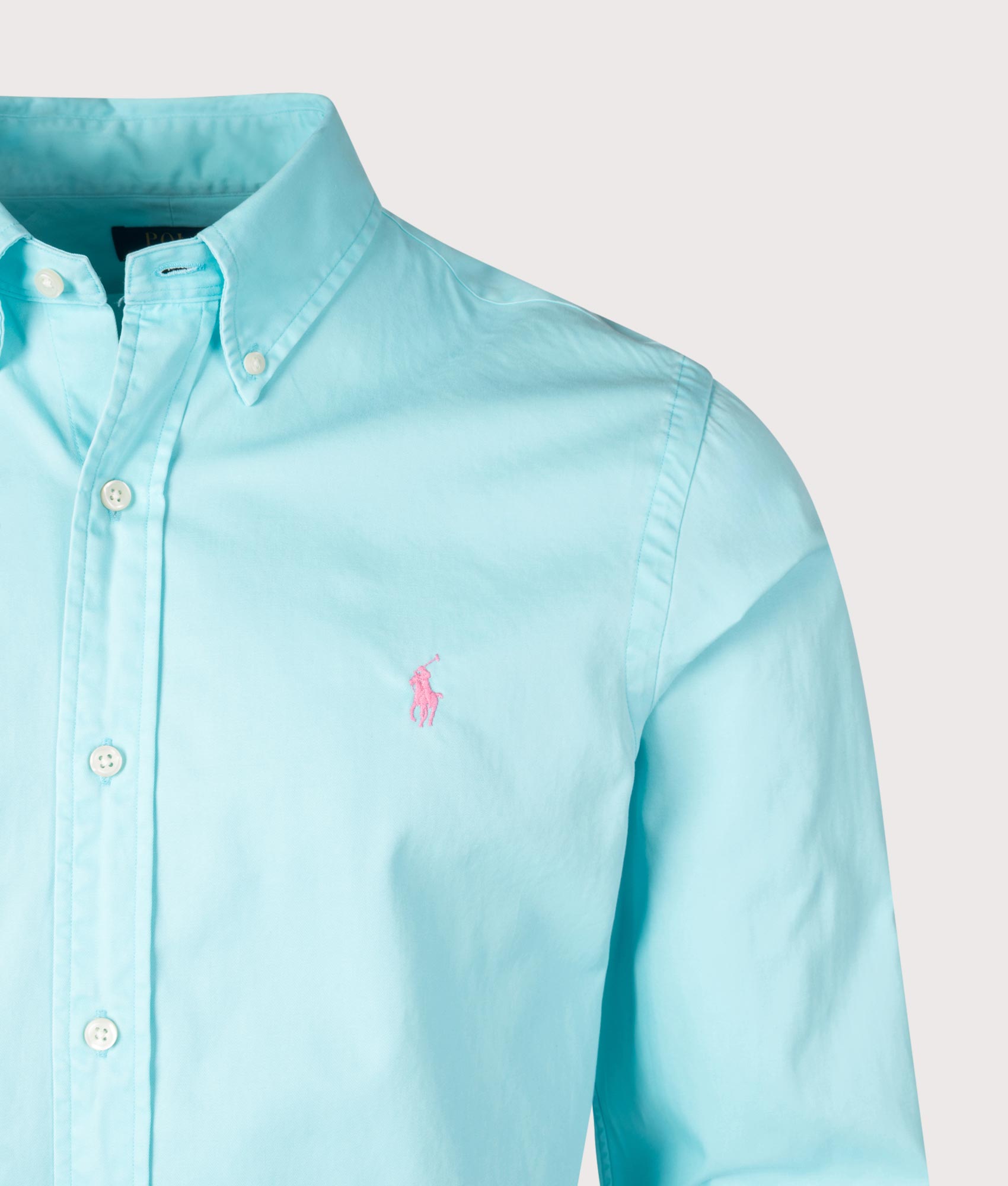 Polo Ralph Lauren Custom Fit Twill Shirt in Aqua Blue. Shot at EQVVS.  Detail shot 
