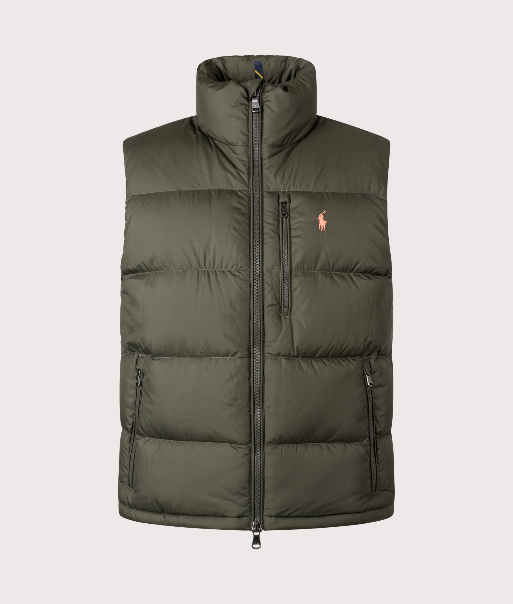 Polo Ralph Lauren Gorham Down Vest in Company Olive at EQVVS Menswear. Front shot.