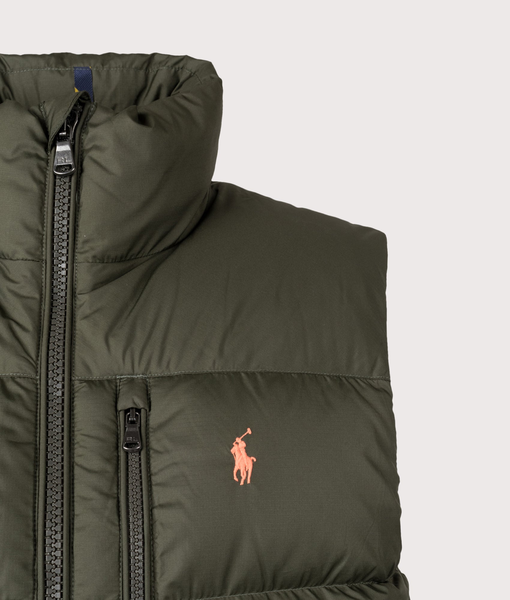 Polo Ralph Lauren Gorham Down Vest in Company Olive at EQVVS Menswear. Detail shot.