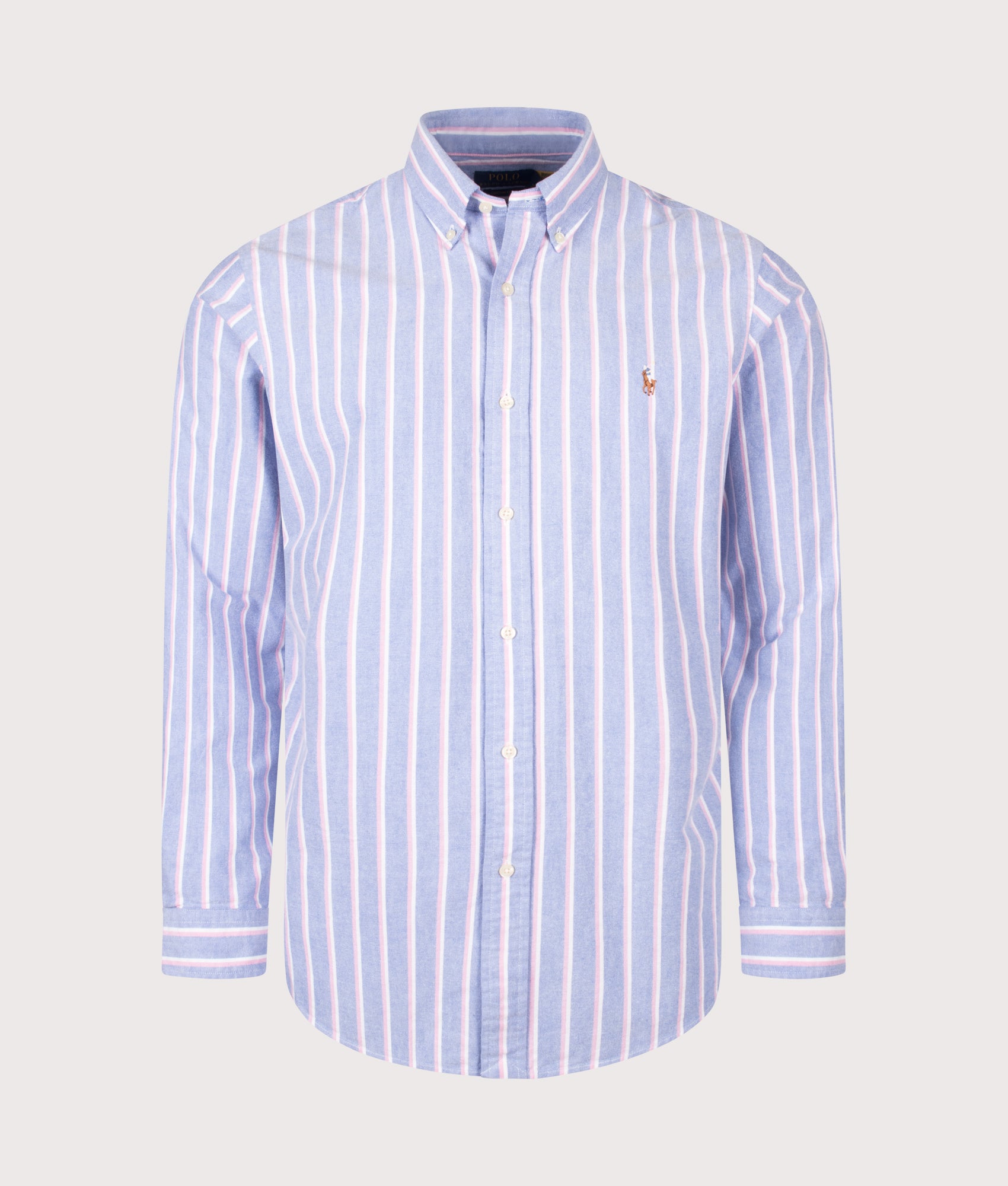Polo Ralph Lauren Custom Fit Lightweight Oxford Shirt in Blue and Pink stripe at EQVVS Menswear. Front shot.