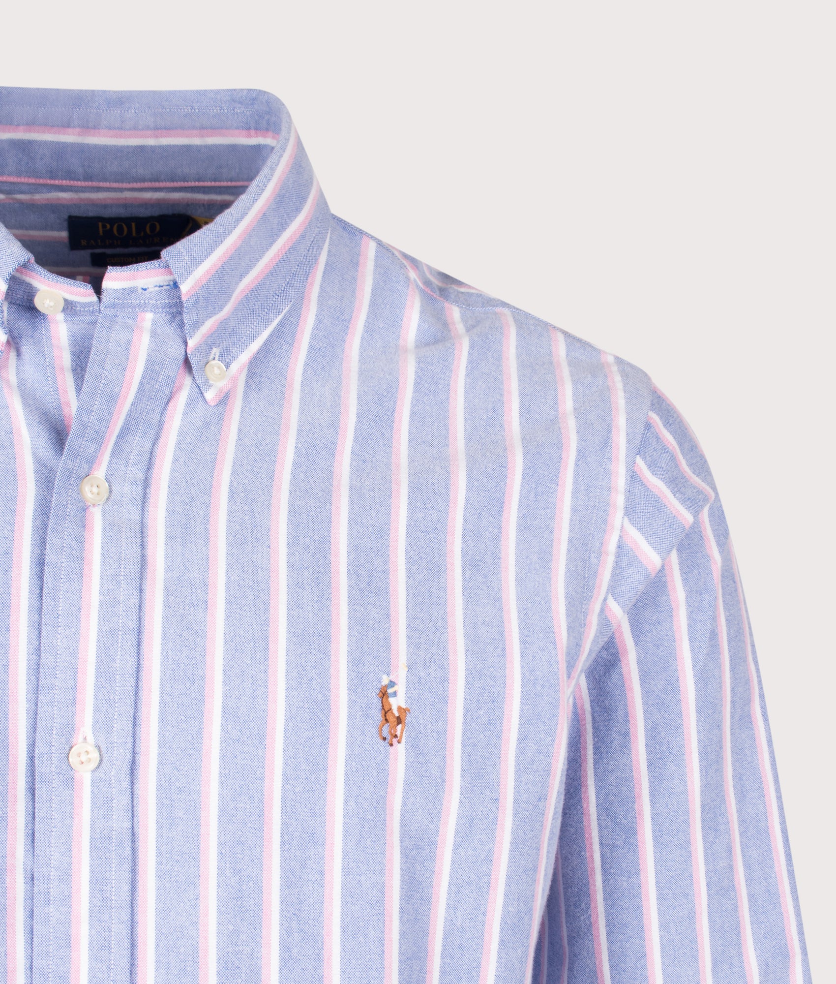Polo Ralph Lauren Custom Fit Lightweight Oxford Shirt in Blue and Pink stripe at EQVVS Menswear. Detail shot.